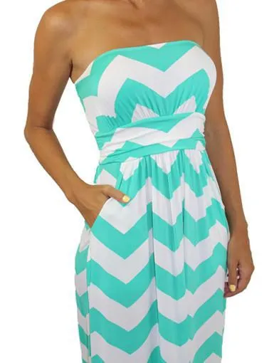 Jade And White Chevron Jersey Maxi Dress - Mica