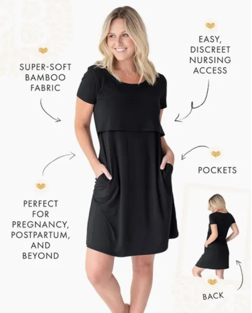 Kindred Bravely Eleanora Bamboo Maternity & Nursing Lounge Dress (Black)