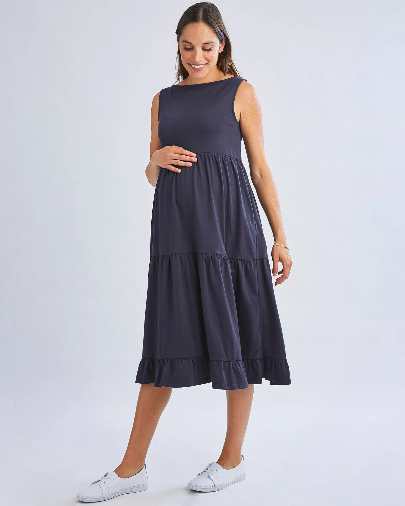 La Belle Maternity Cotton Dress In Navy