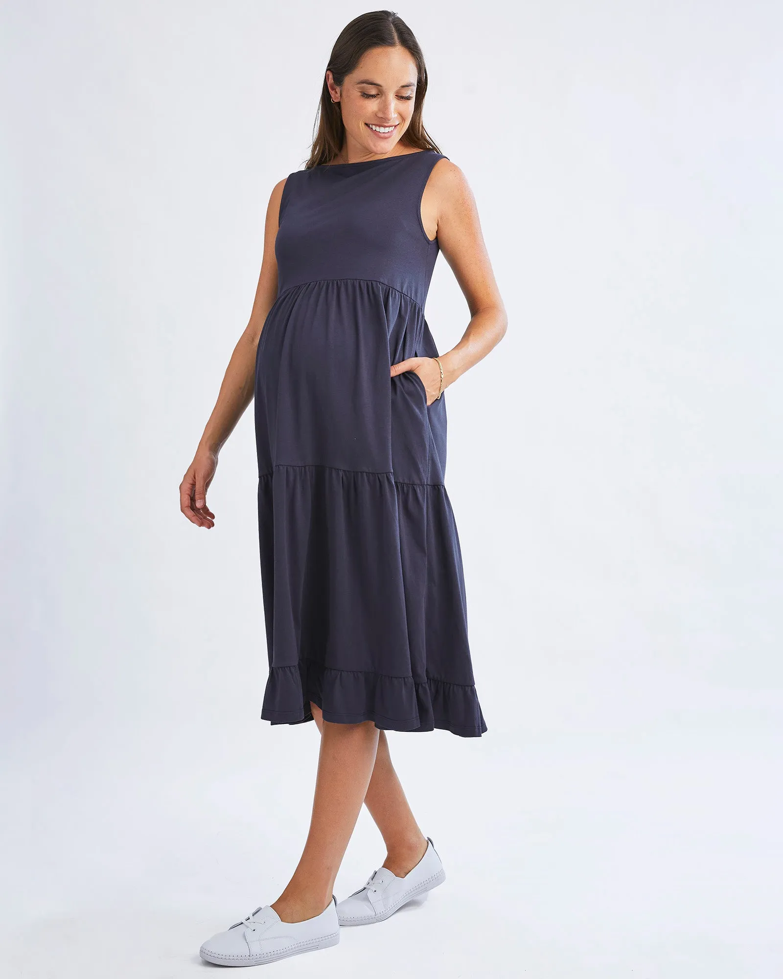 La Belle Maternity Cotton Dress In Navy