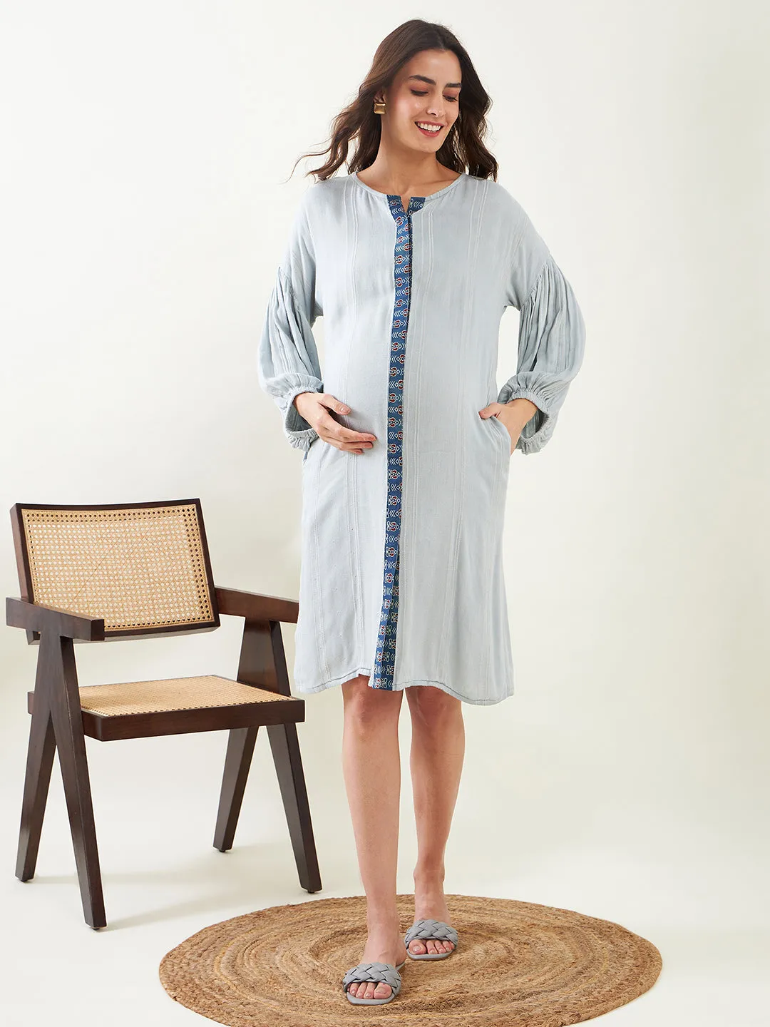 Light Green Soft Cotton Maternity Shirt Dress