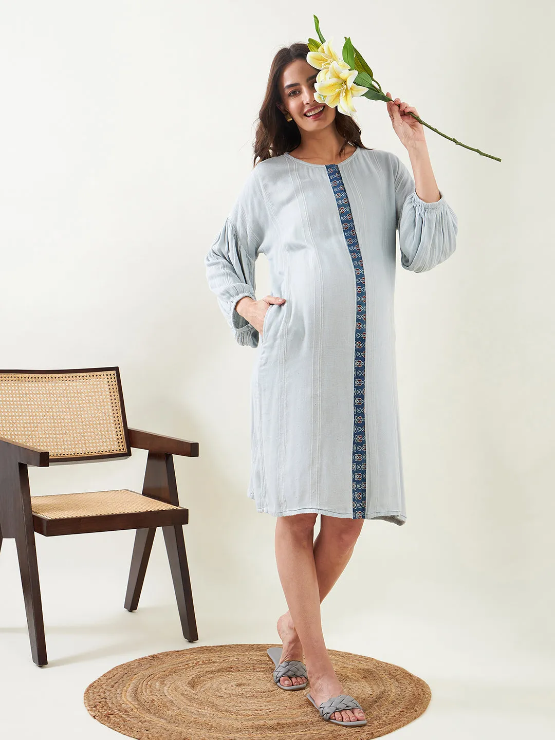 Light Green Soft Cotton Maternity Shirt Dress