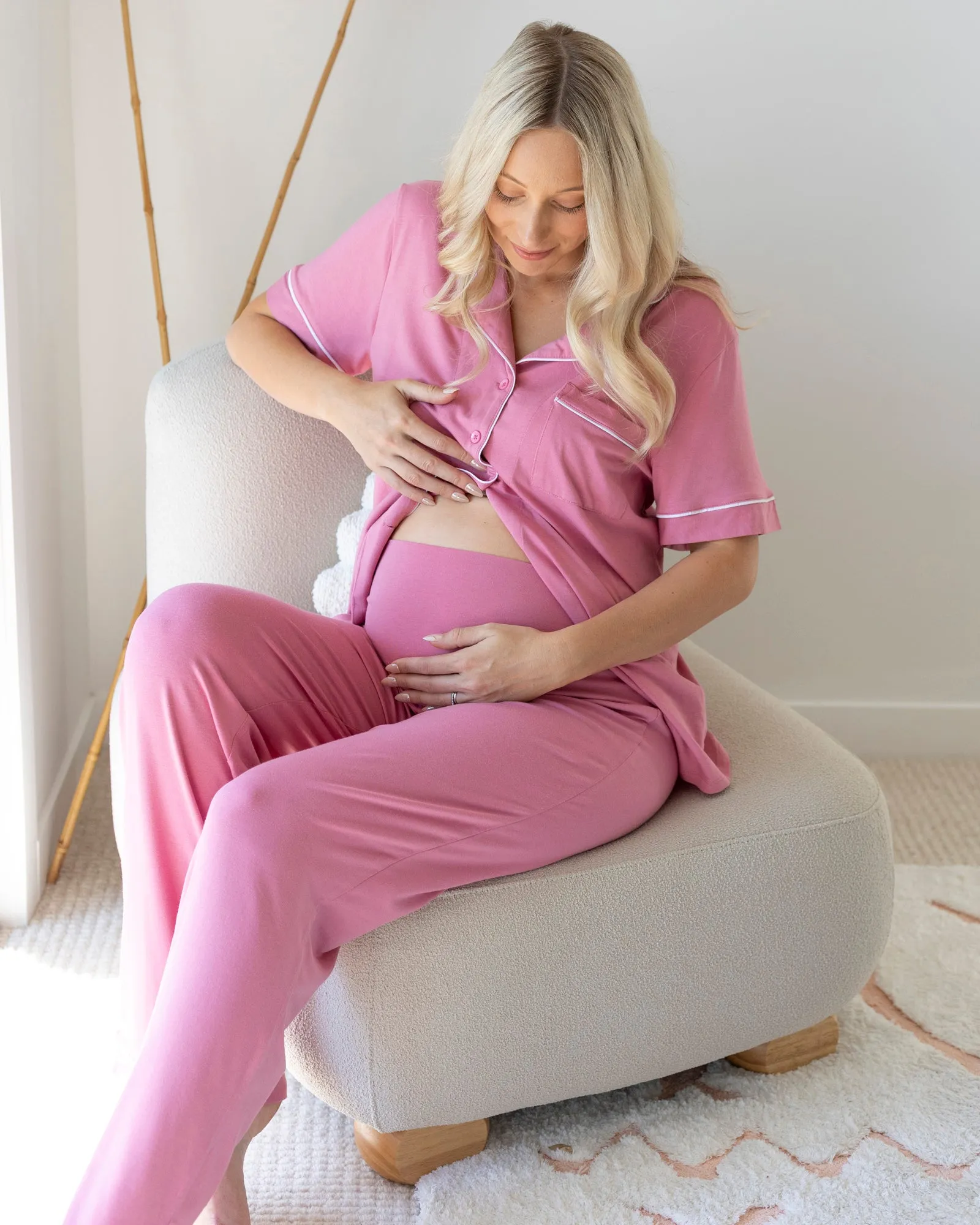 Maternity and Nursing Button Front Pajama Set in Pink