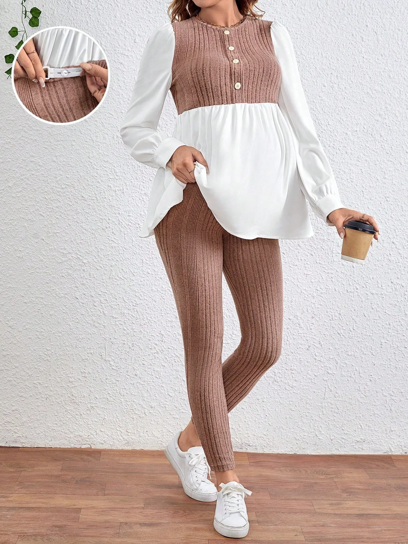 Maternity Colorblock Round Neck Long Sleeve Top And Pants Two Piece Set