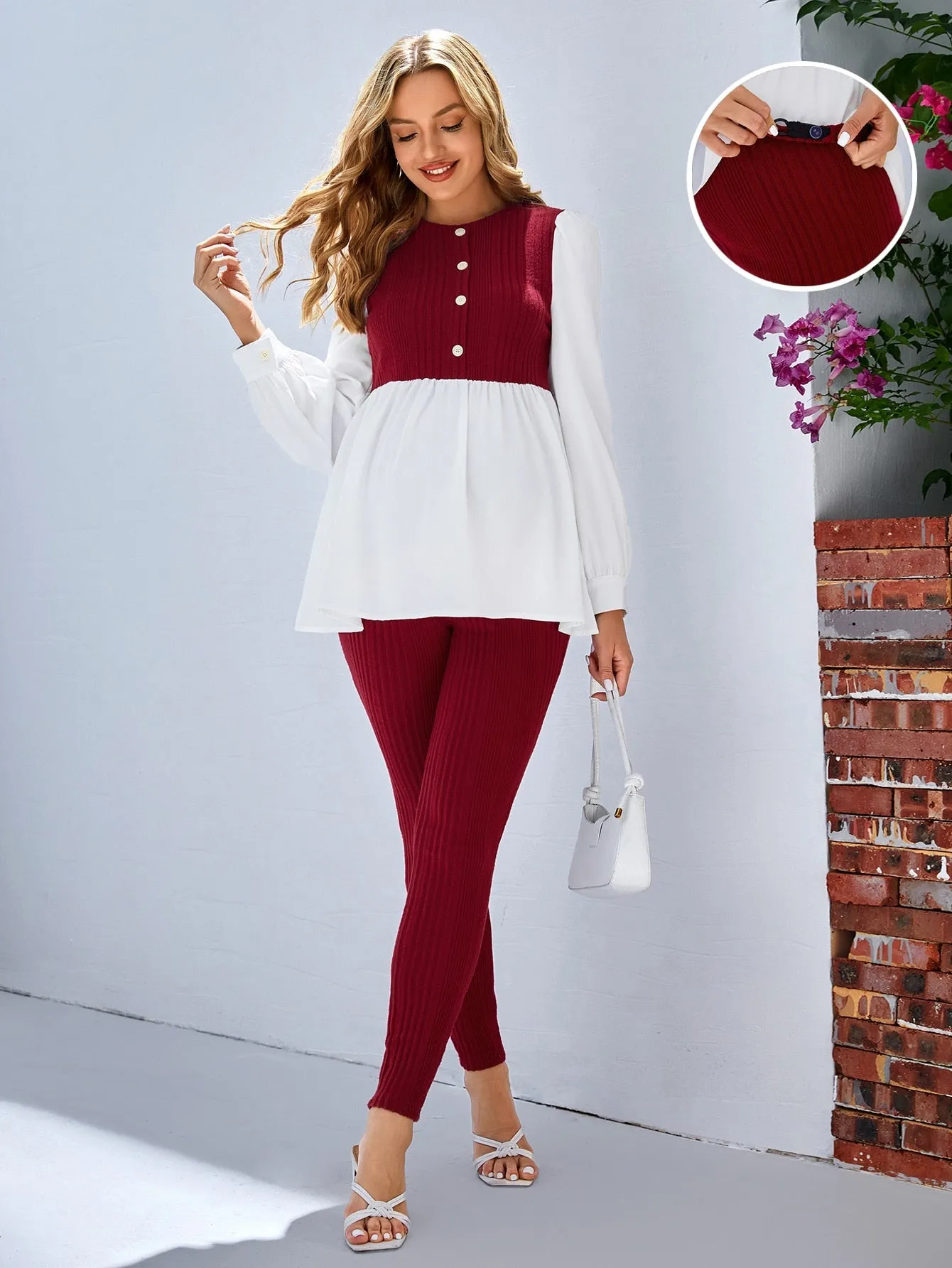 Maternity Colorblock Round Neck Long Sleeve Top And Pants Two Piece Set