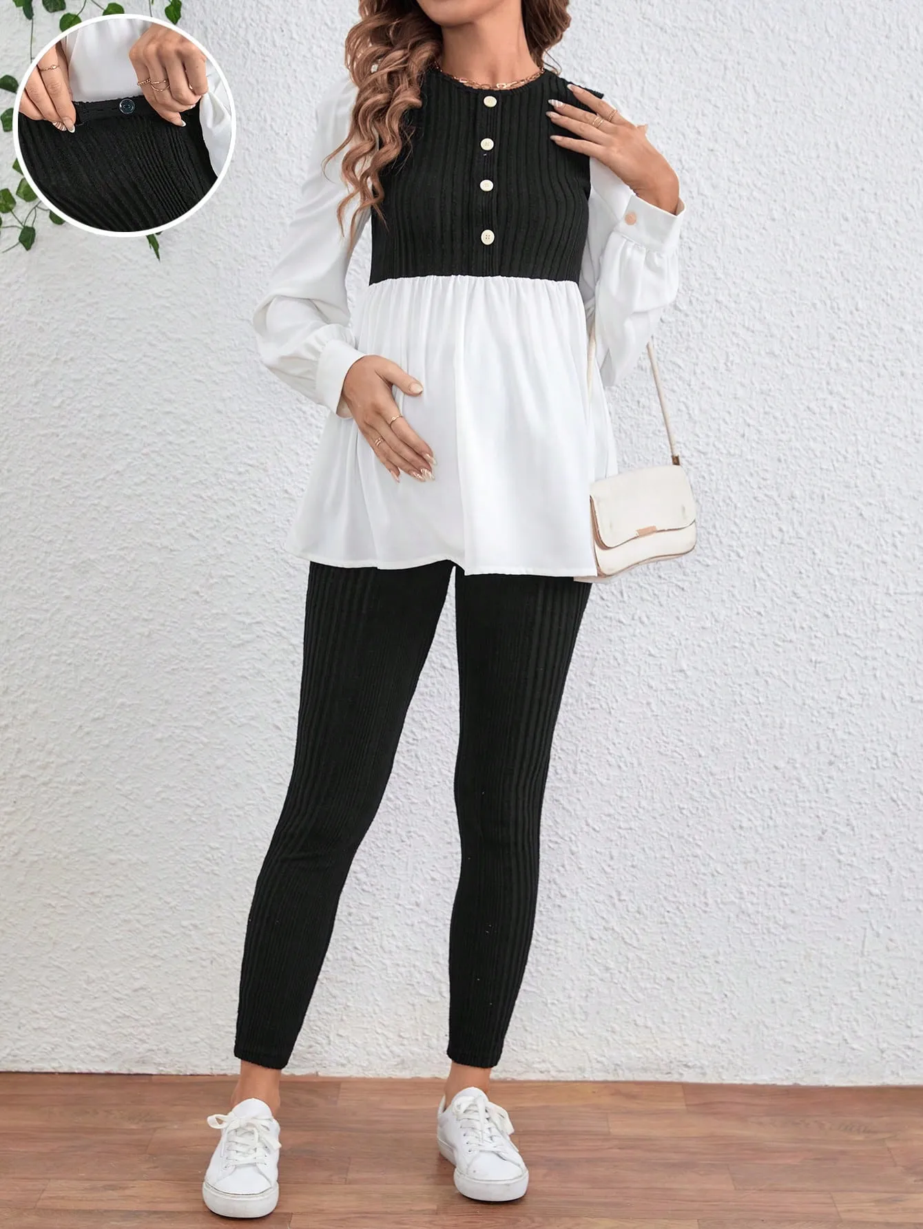 Maternity Colorblock Round Neck Long Sleeve Top And Pants Two Piece Set