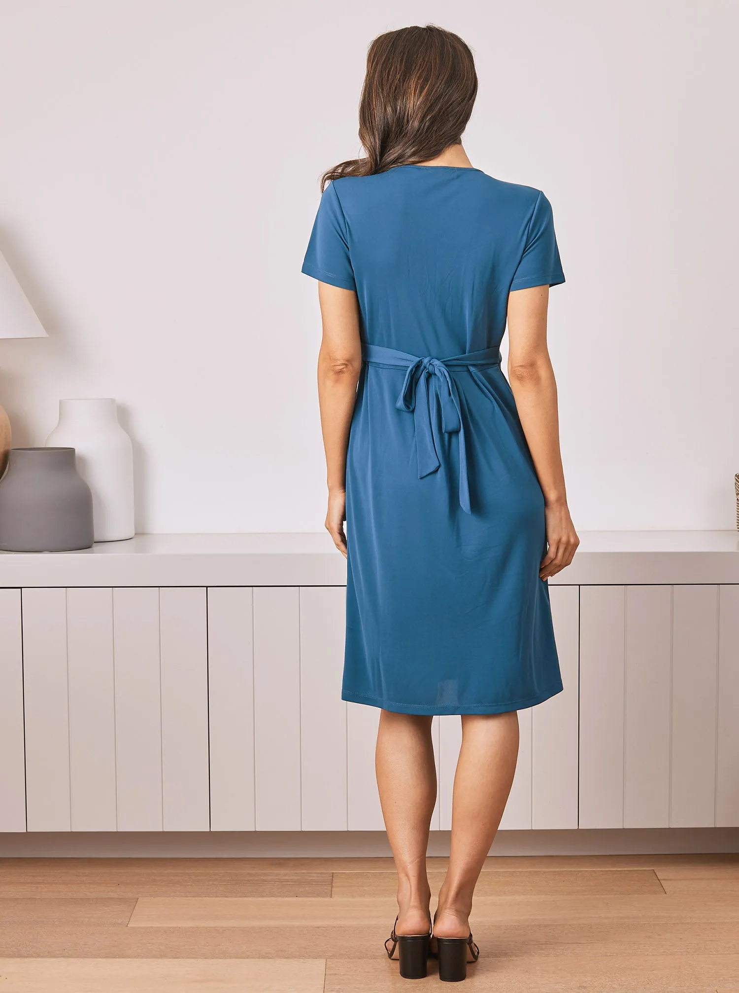 Maternity Crossover Neckline Tie Back Jersey Work Dress - Teal