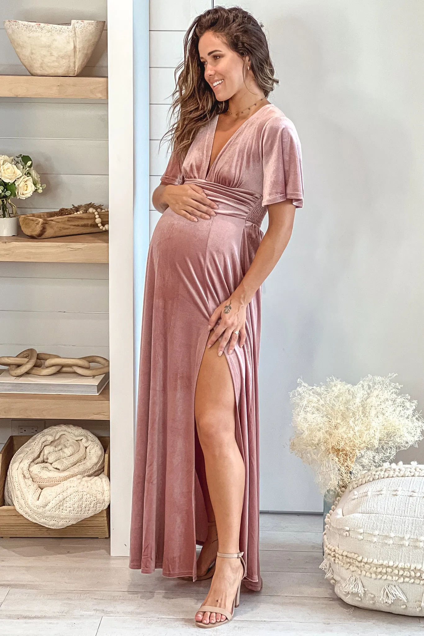 Mauve Maternity Velvet Maxi Dress