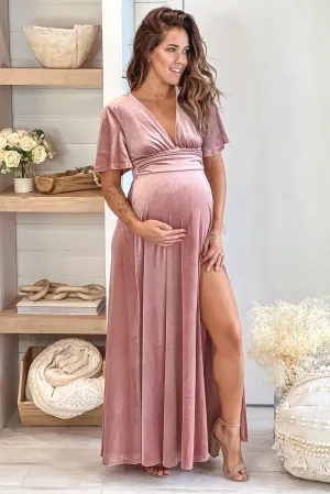 Mauve Maternity Velvet Maxi Dress