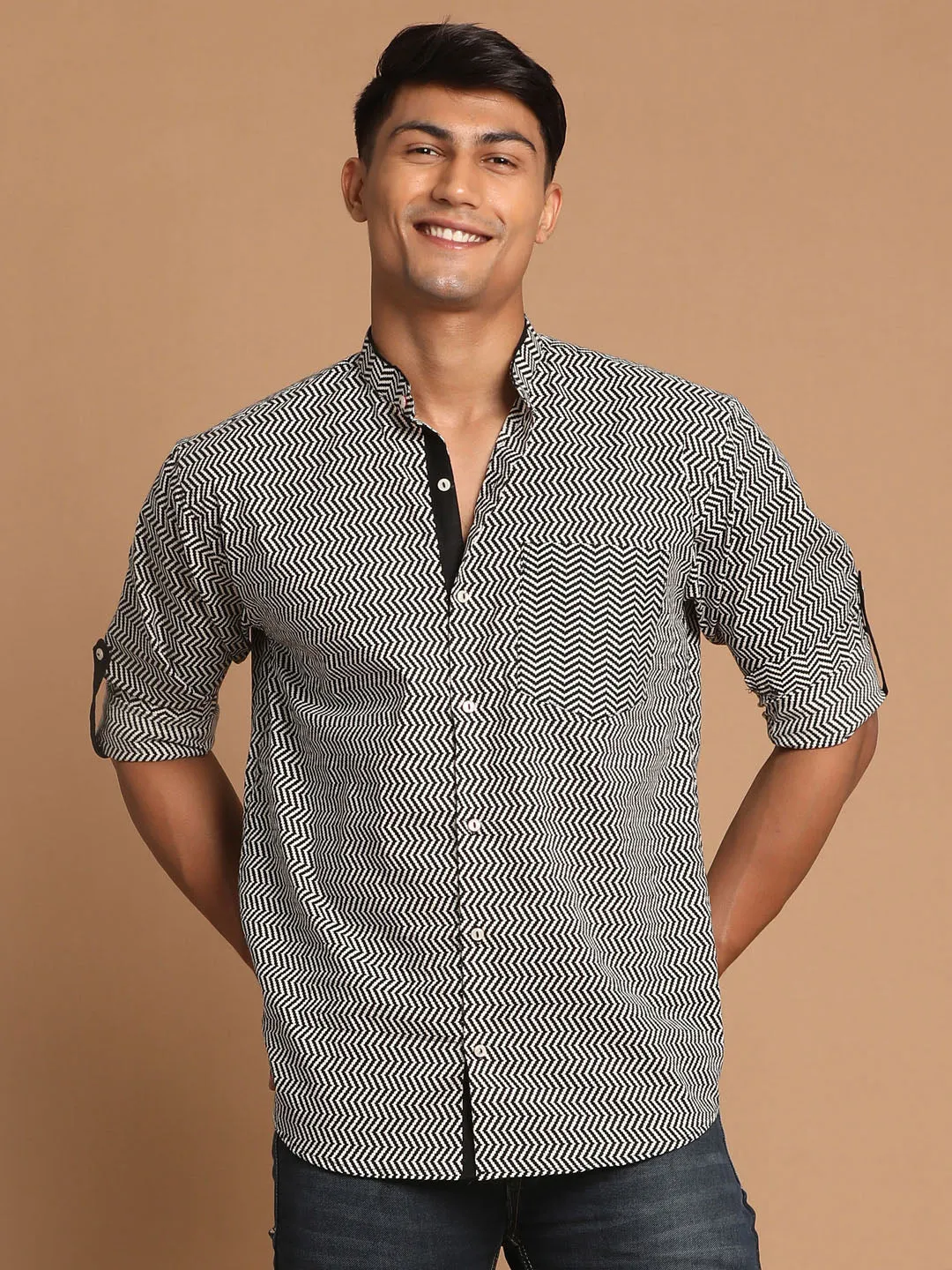 Men's Black And White Cotton Ethnic Shirt - Vastramay