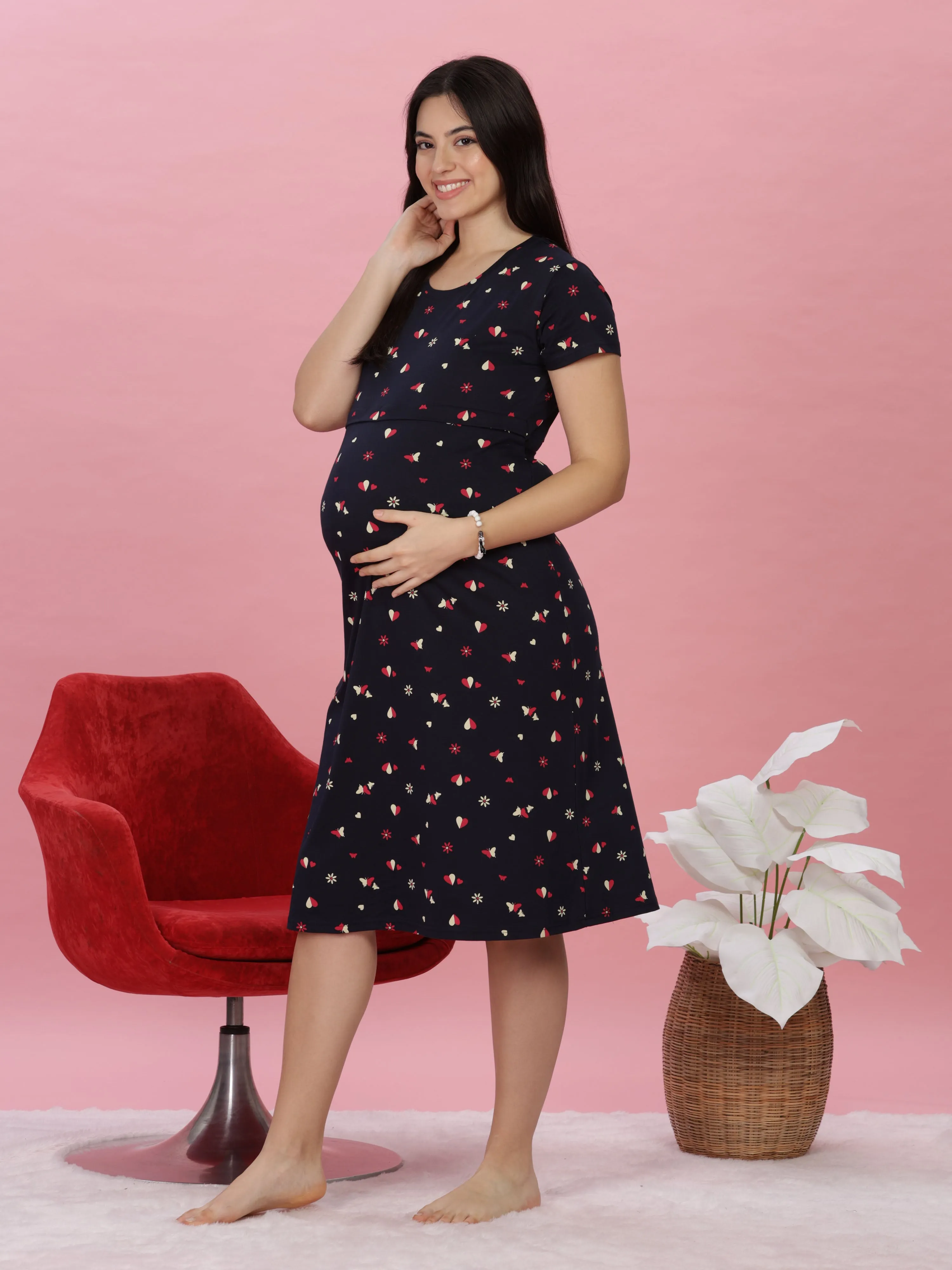 Midnight Blue Maternity Nighty Stylish & Comfortable Nursing Wear