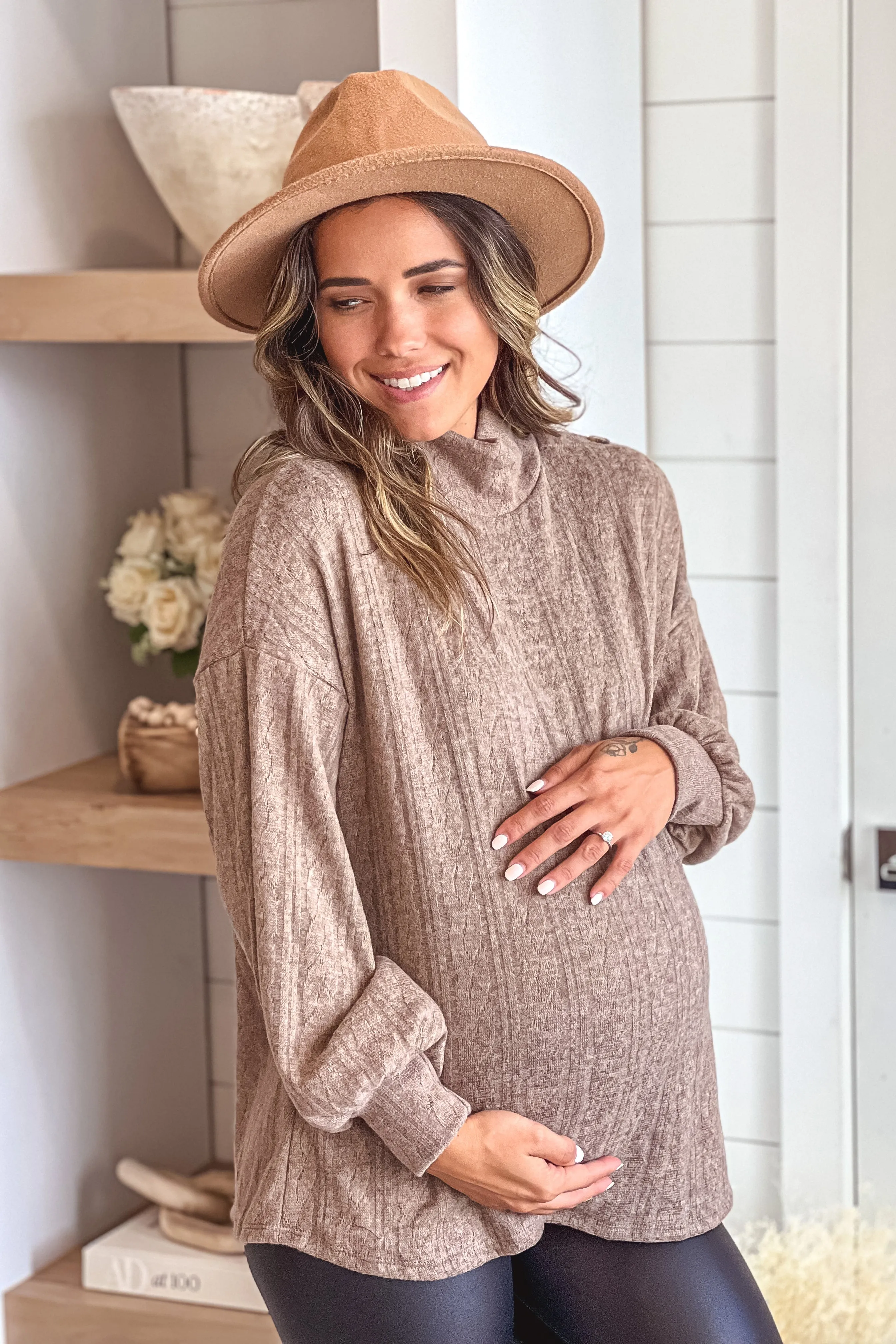 Mocha High Neck Maternity Top With Button Detail