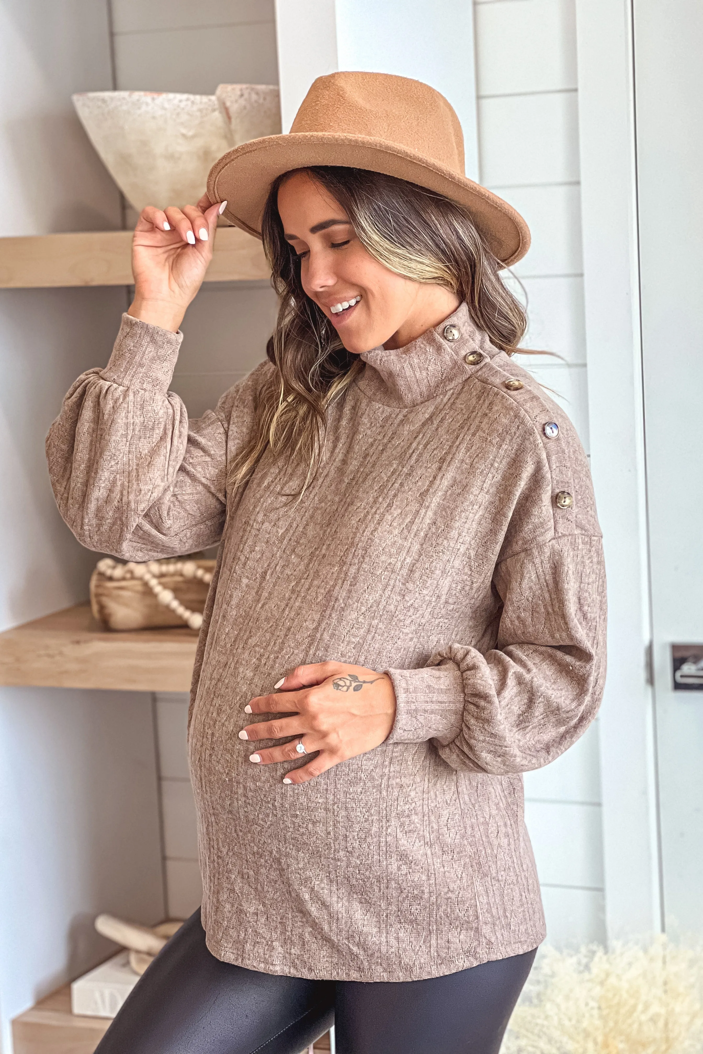 Mocha High Neck Maternity Top With Button Detail