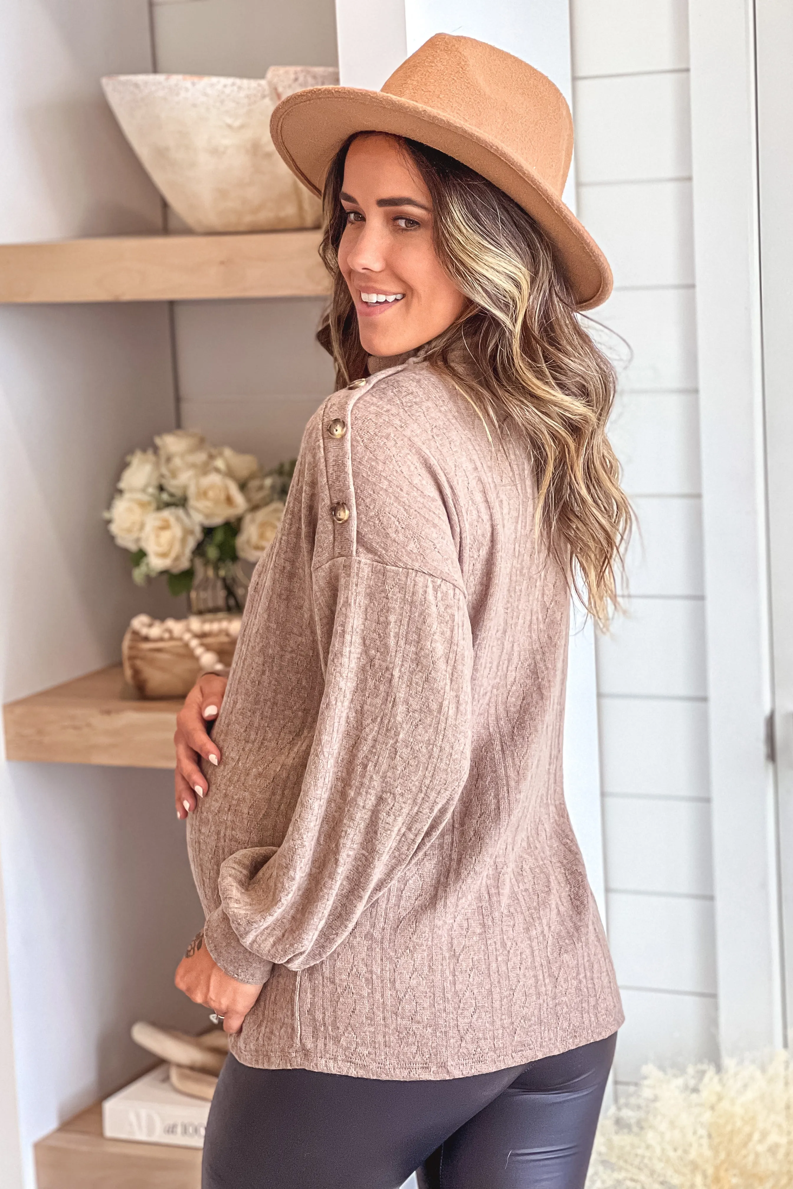 Mocha High Neck Maternity Top With Button Detail