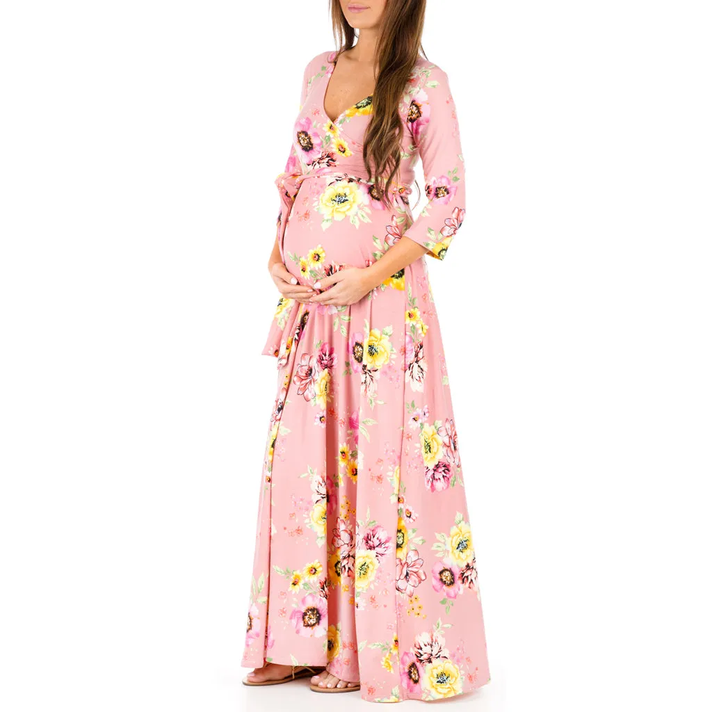 Mother Bee Maternity 3/4 Sleeve Faux Wrap Dress with Adjustable Belt