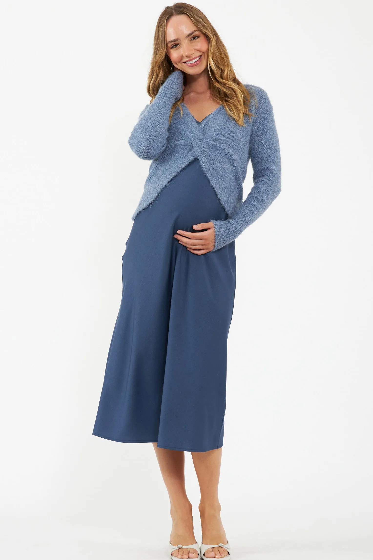 Nala Knot Front  Maternity Crop Sweater in Denim Marl