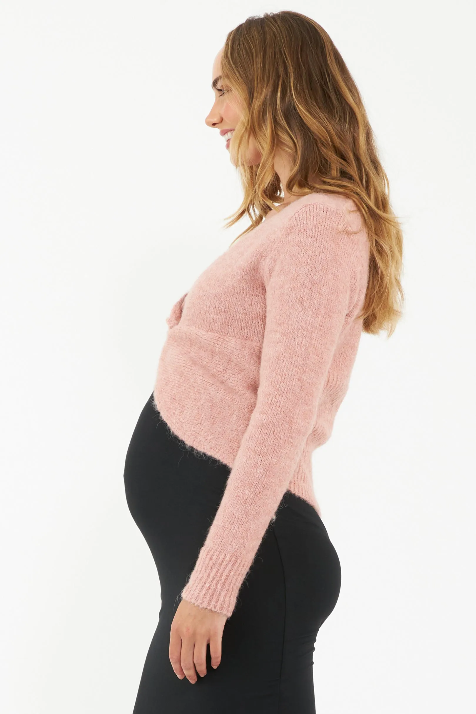 Nala Knot Front  Maternity Crop Sweater in Denim Marl