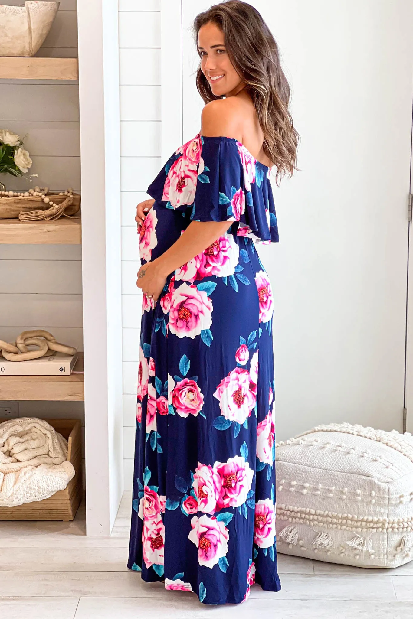 Navy Floral Off Shoulder Maternity Maxi Dress