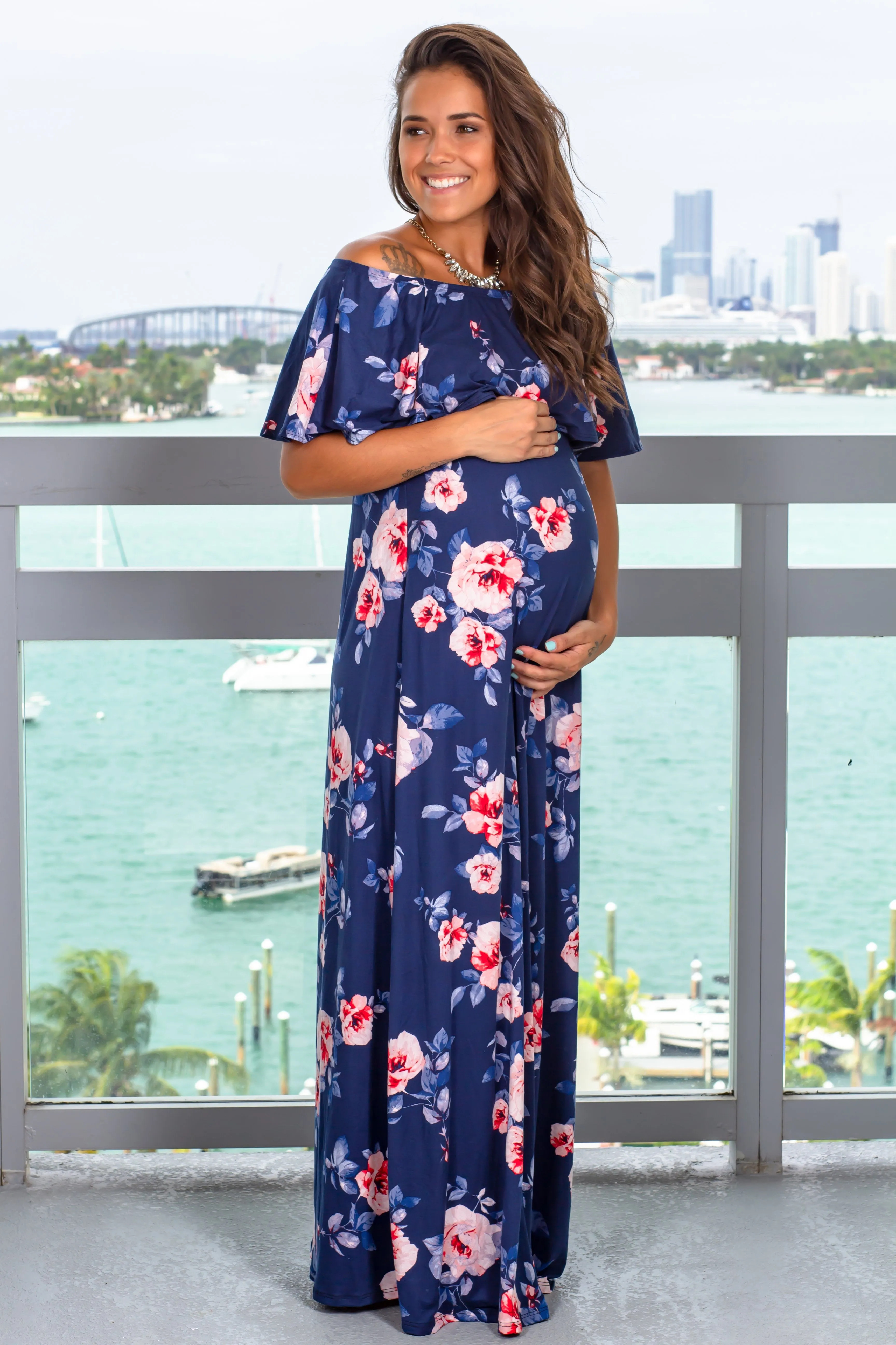 Navy Floral Off Shoulder Ruffled Maternity Maxi Dress