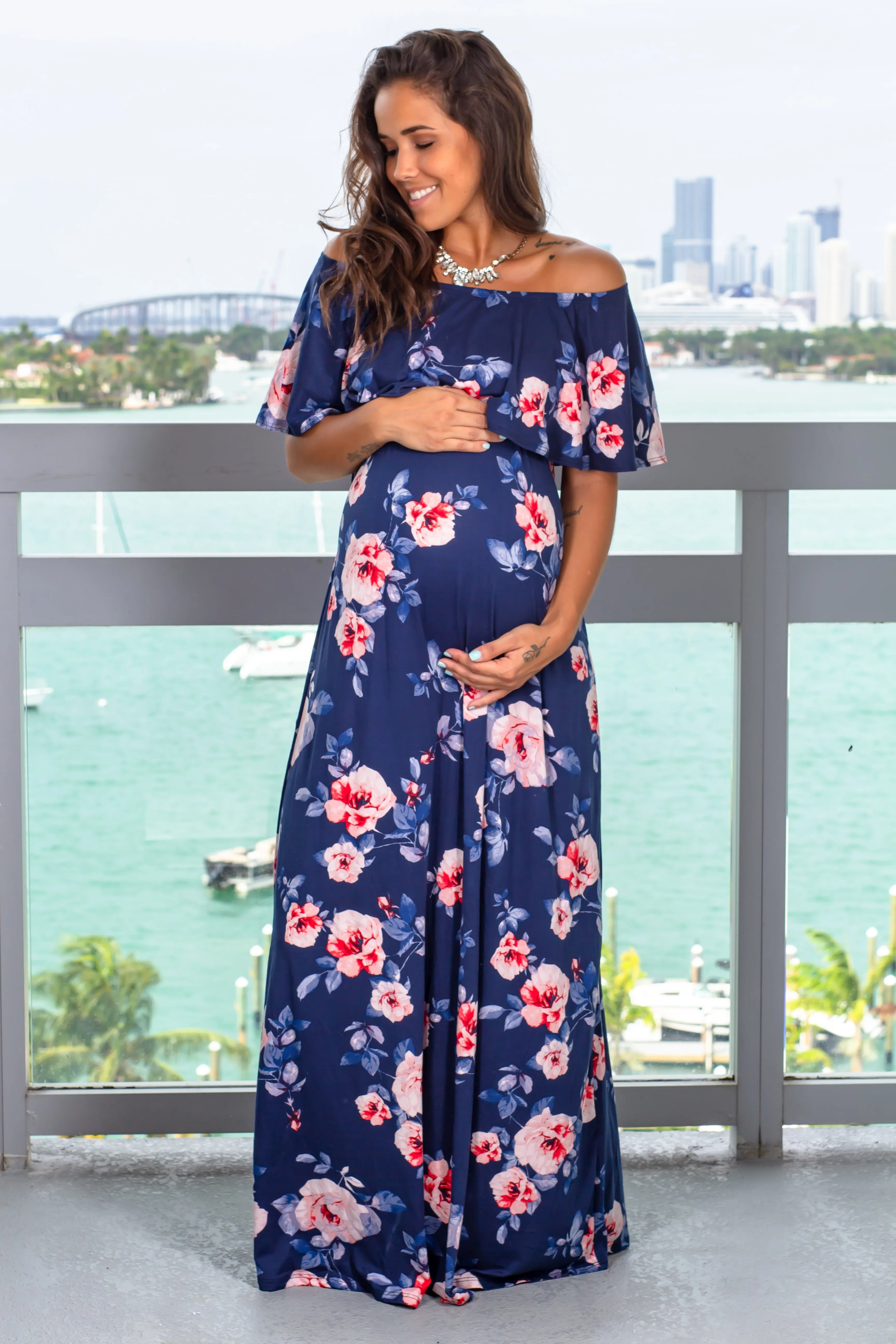 Navy Floral Off Shoulder Ruffled Maternity Maxi Dress