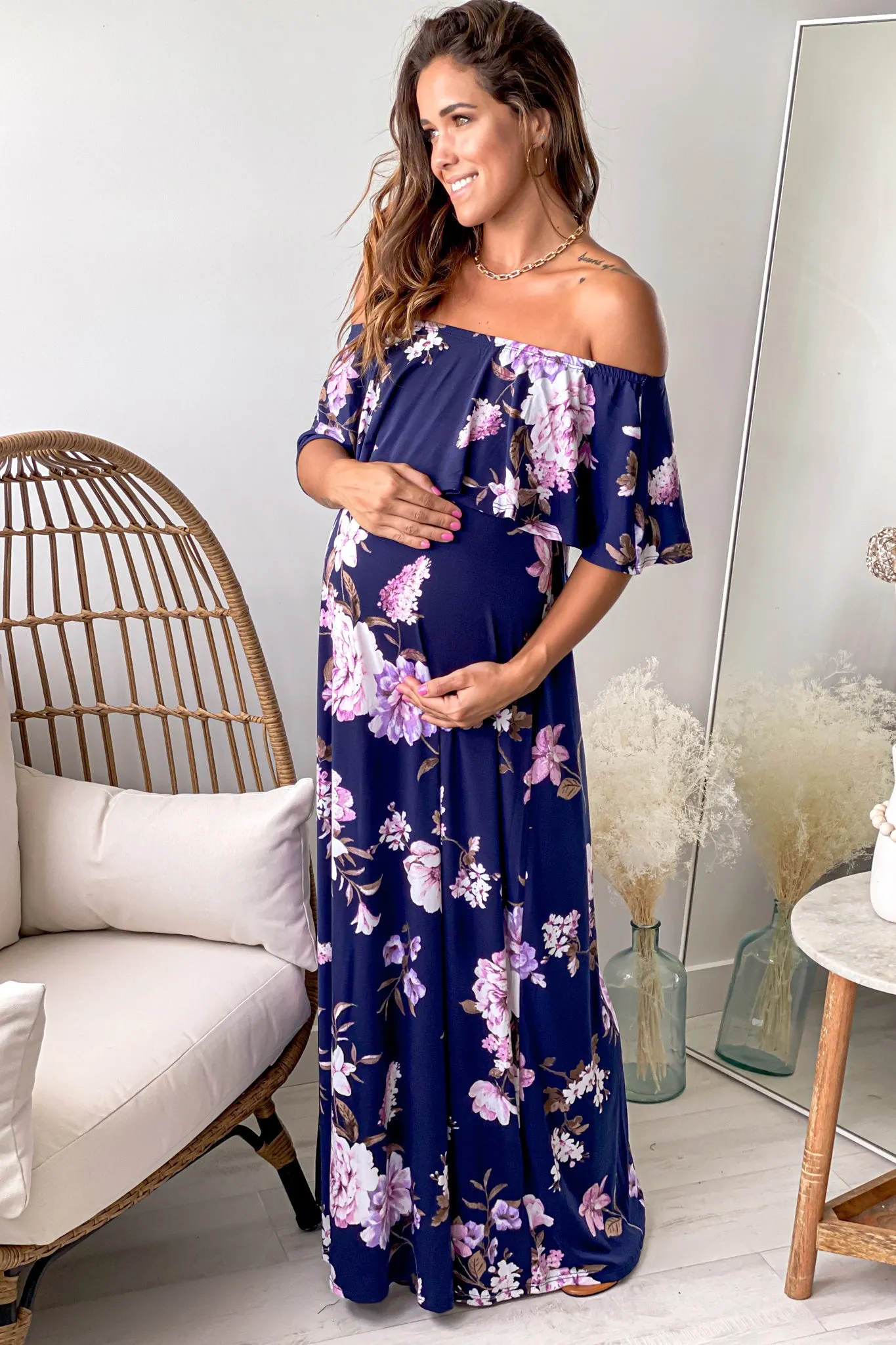 Navy Floral Print Off Shoulder Maternity Maxi Dress