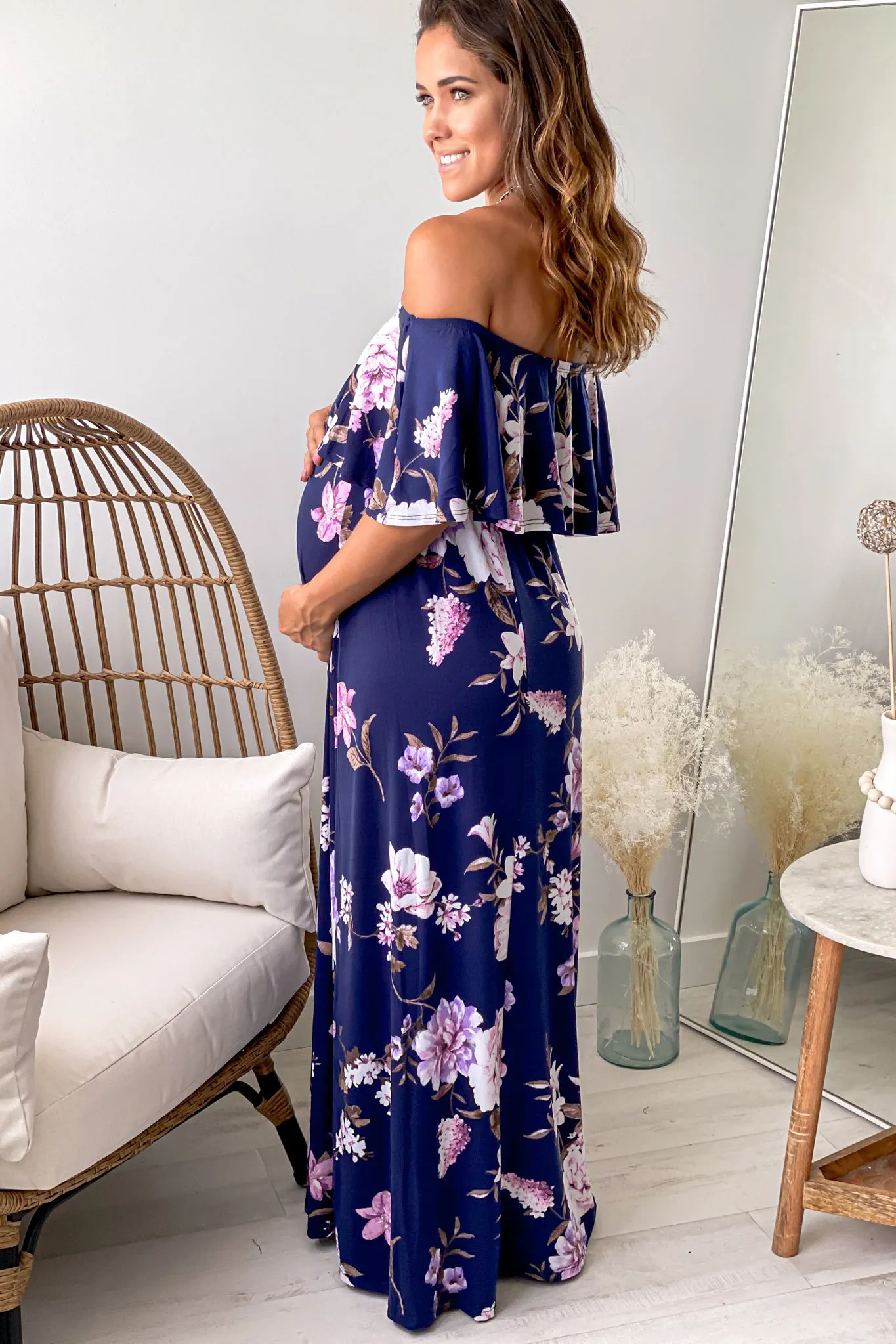 Navy Floral Print Off Shoulder Maternity Maxi Dress