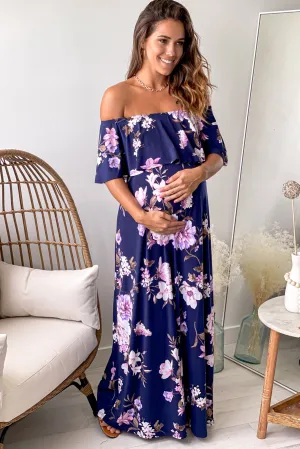 Navy Floral Print Off Shoulder Maternity Maxi Dress