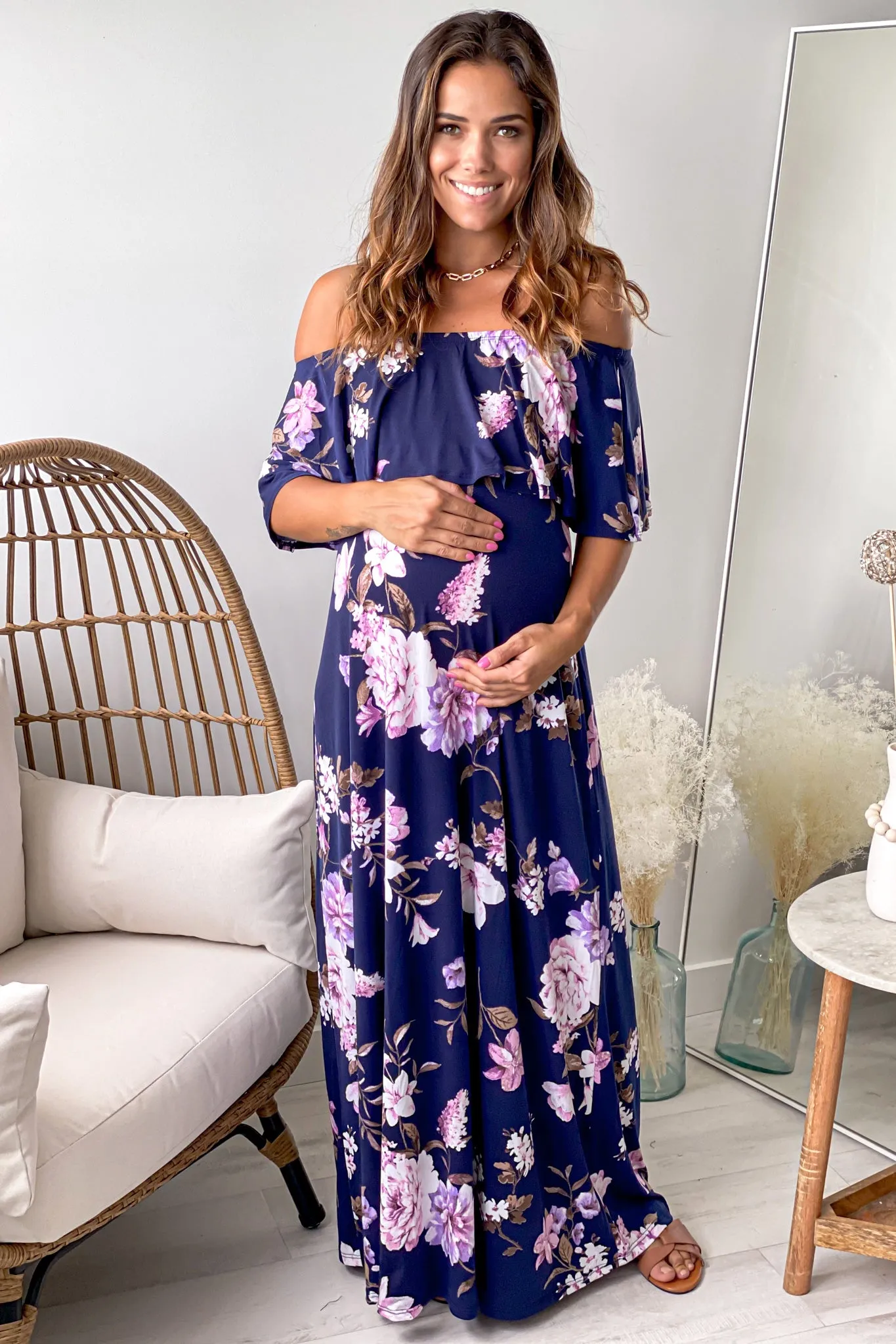 Navy Floral Print Off Shoulder Maternity Maxi Dress