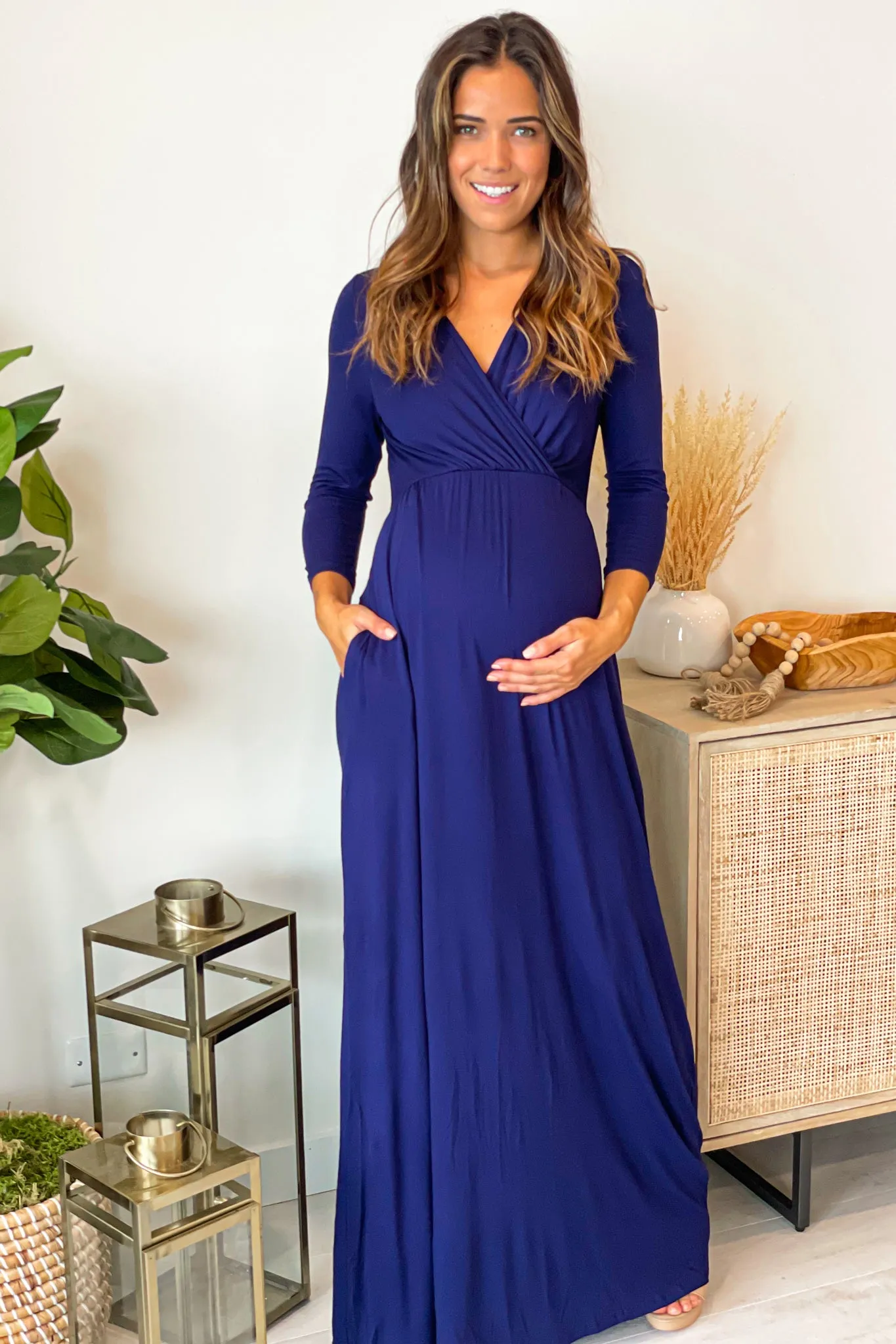 Navy Maternity Maxi Dress with Sleeves