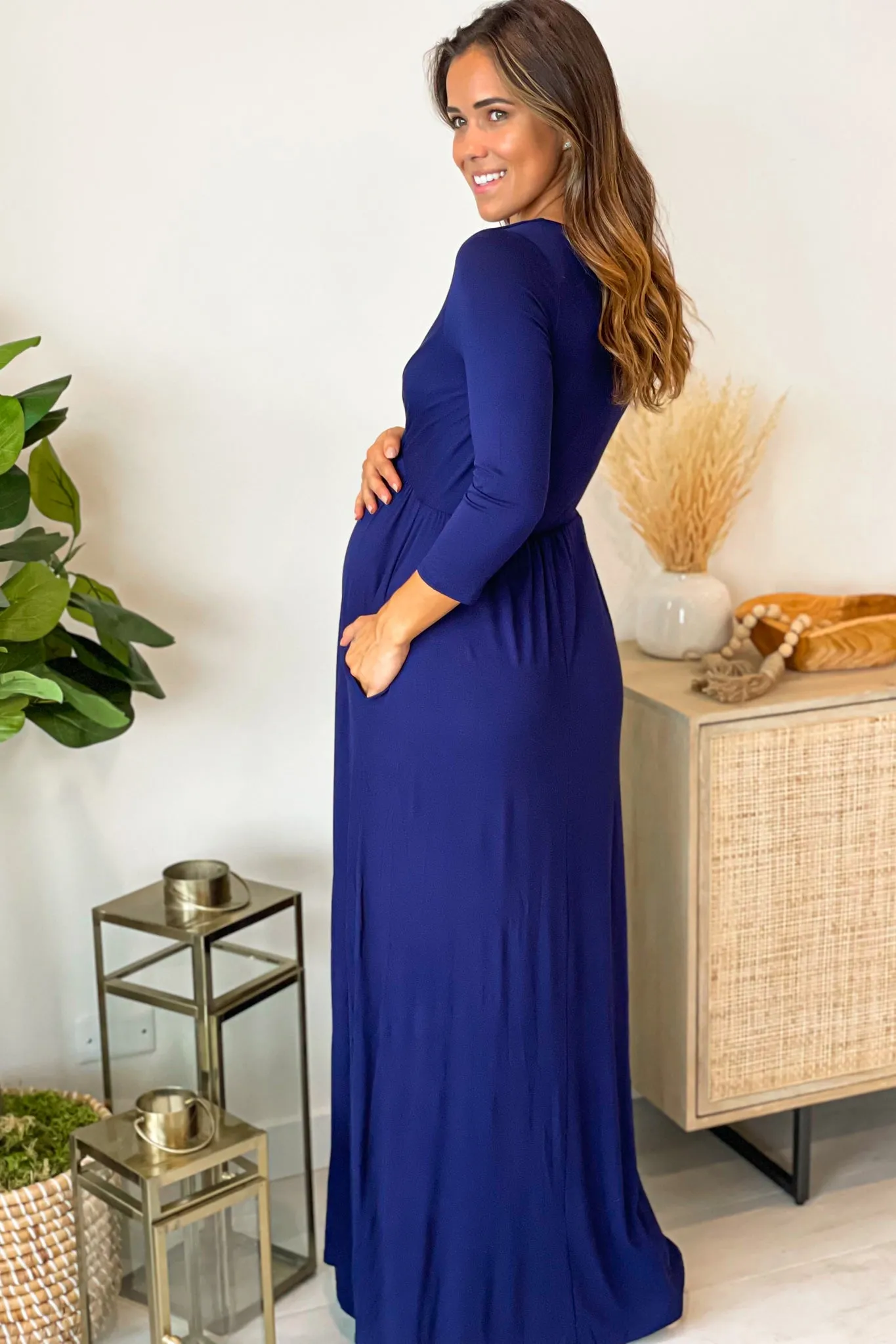 Navy Maternity Maxi Dress with Sleeves