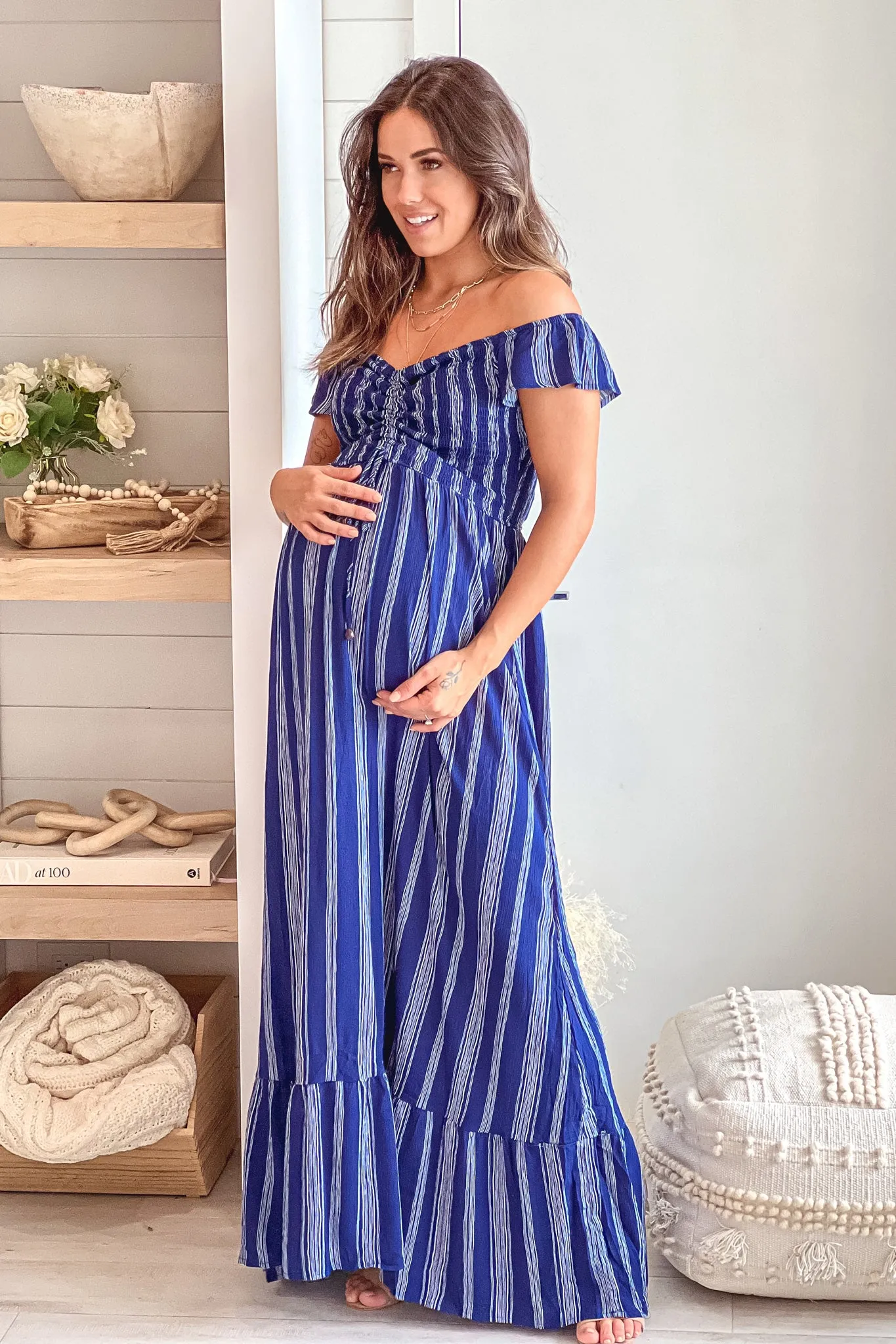 Navy Striped Off Shoulder Maternity Maxi Dress