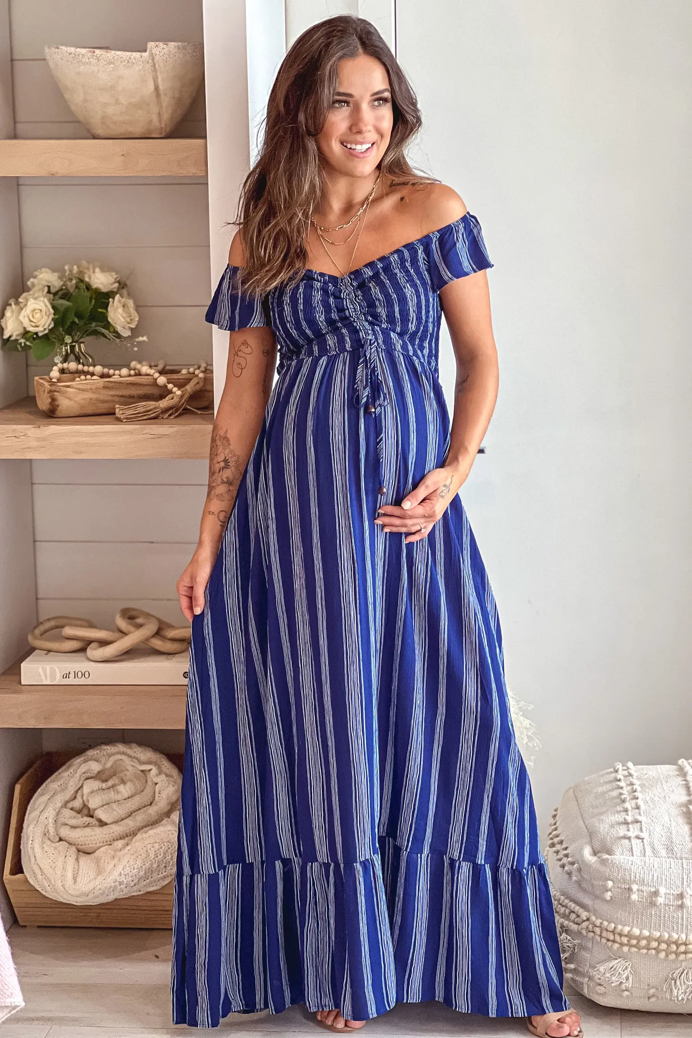 Navy Striped Off Shoulder Maternity Maxi Dress