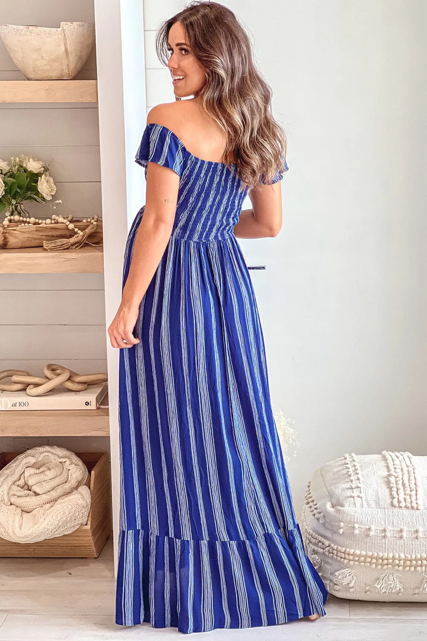 Navy Striped Off Shoulder Maternity Maxi Dress