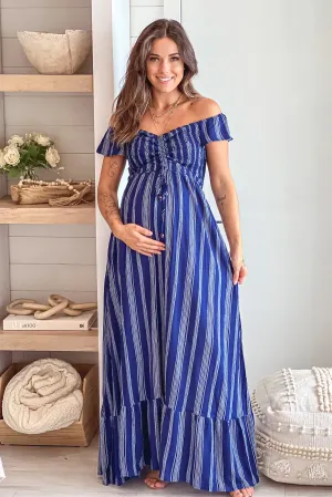 Navy Striped Off Shoulder Maternity Maxi Dress