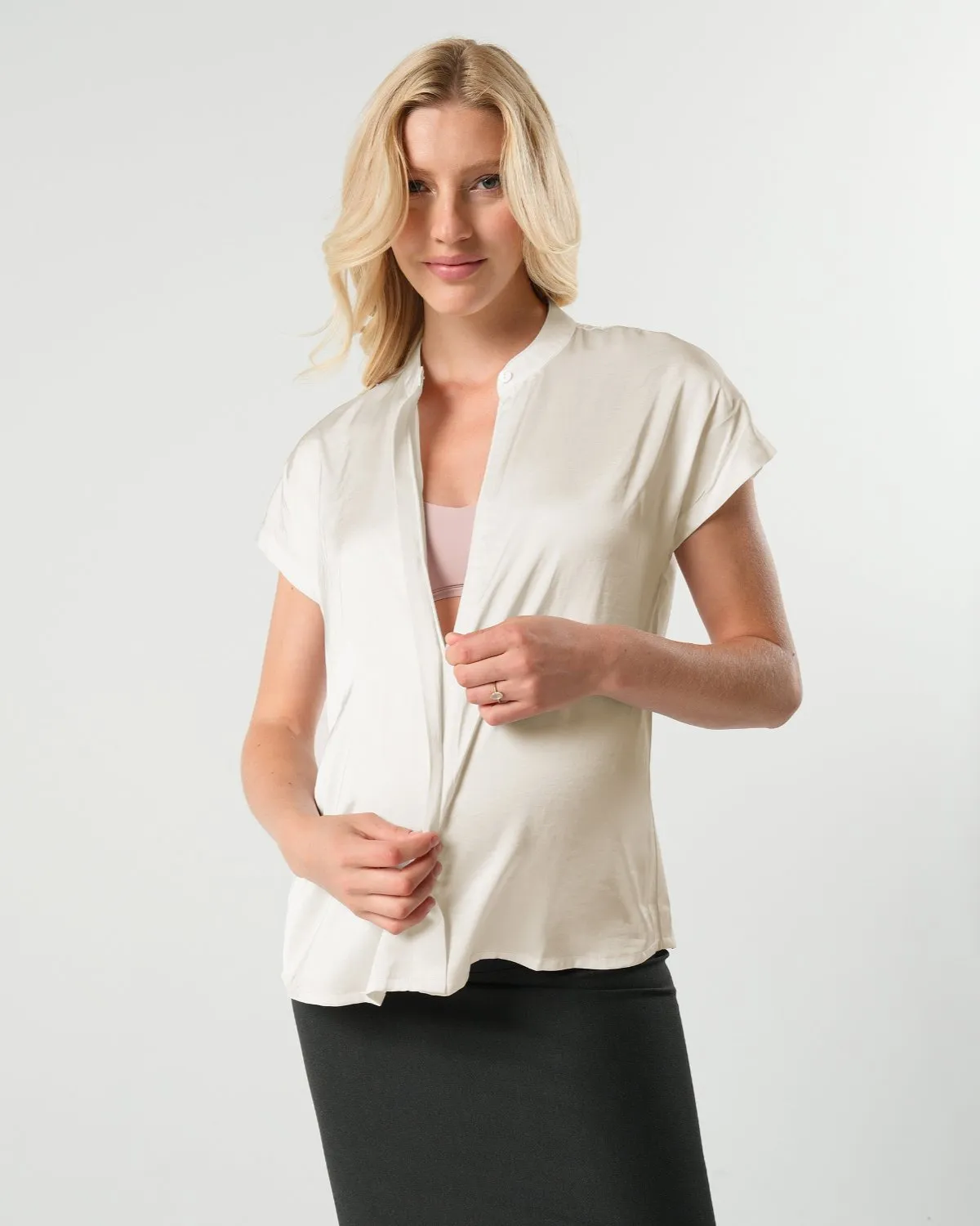 *NEW* Short Sleeve Satin Maternity Shell Top with Concealed Nursing Zip