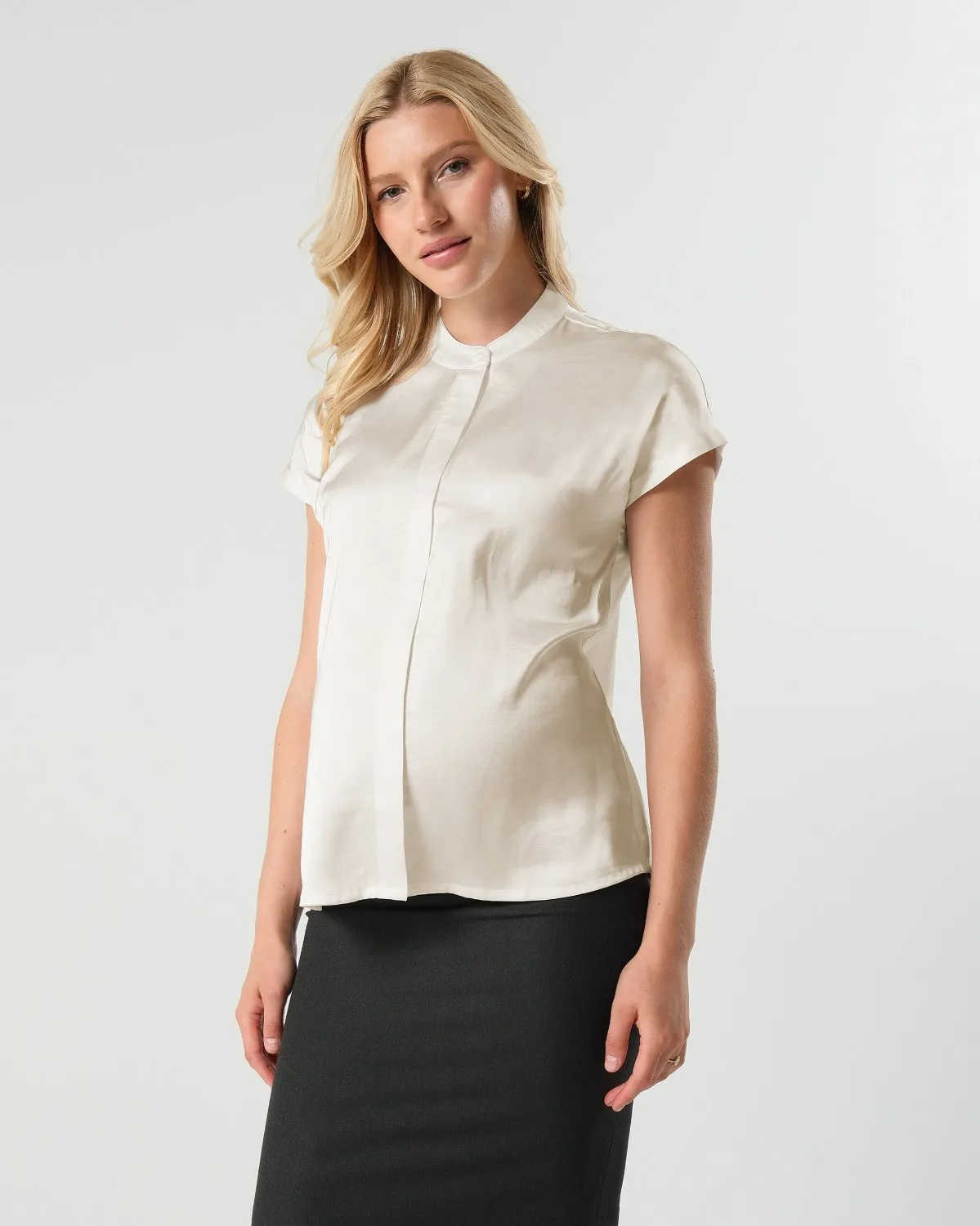 *NEW* Short Sleeve Satin Maternity Shell Top with Concealed Nursing Zip