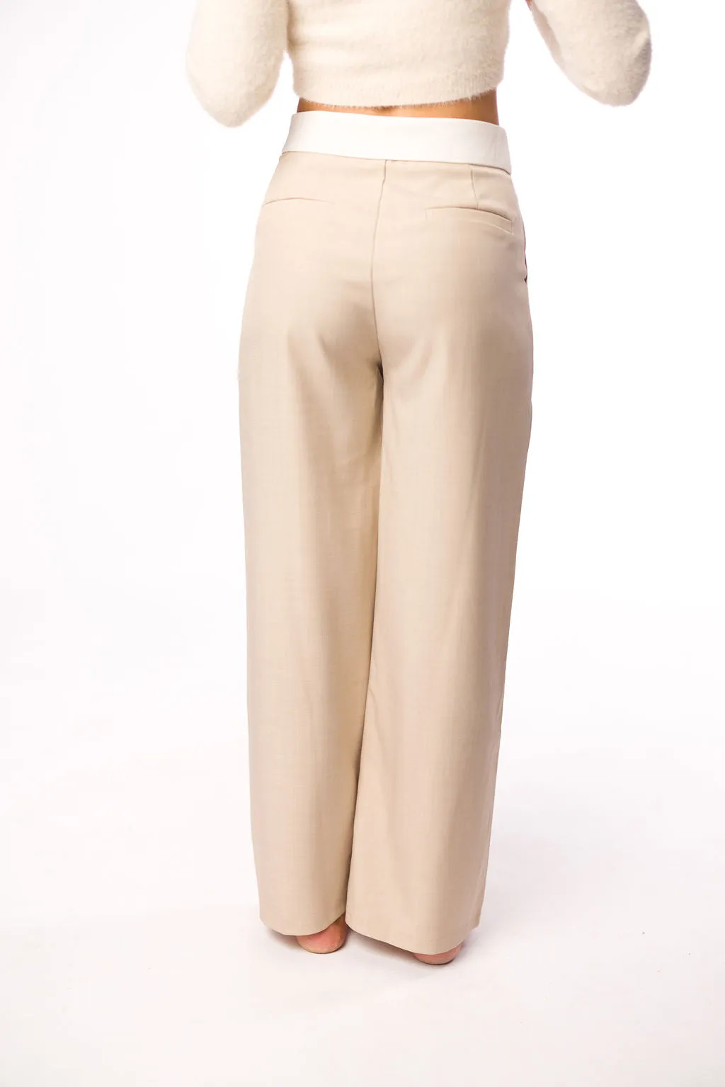 Penelope Tailored Trousers With Contrast Folded Waist in Taupe/Beige