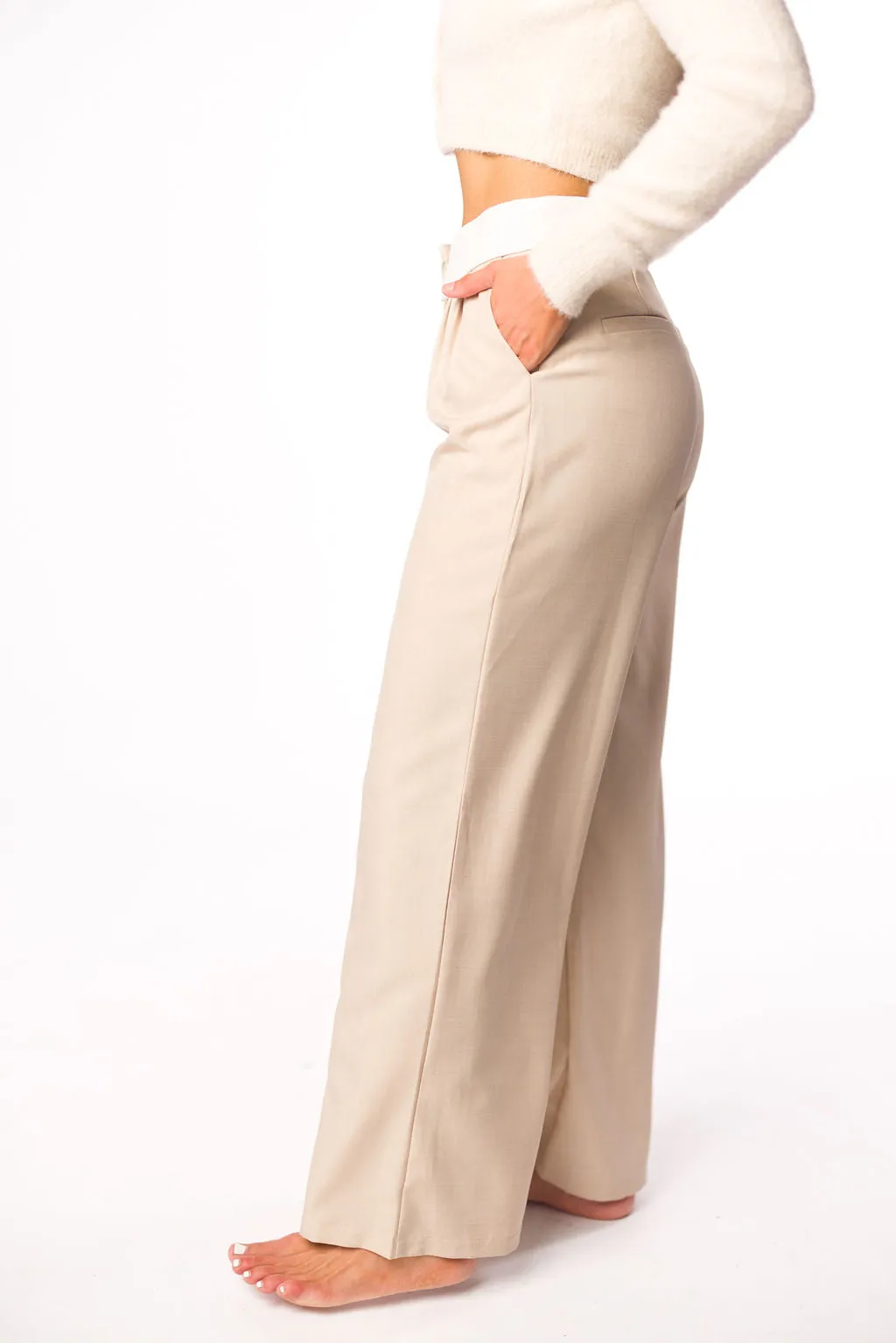 Penelope Tailored Trousers With Contrast Folded Waist in Taupe/Beige