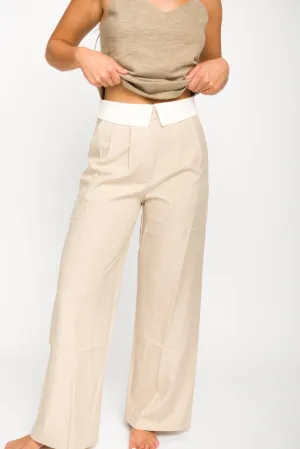 Penelope Tailored Trousers With Contrast Folded Waist in Taupe/Beige