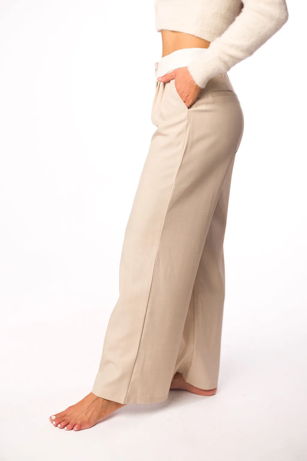 Penelope Tailored Trousers With Contrast Folded Waist in Taupe/Beige