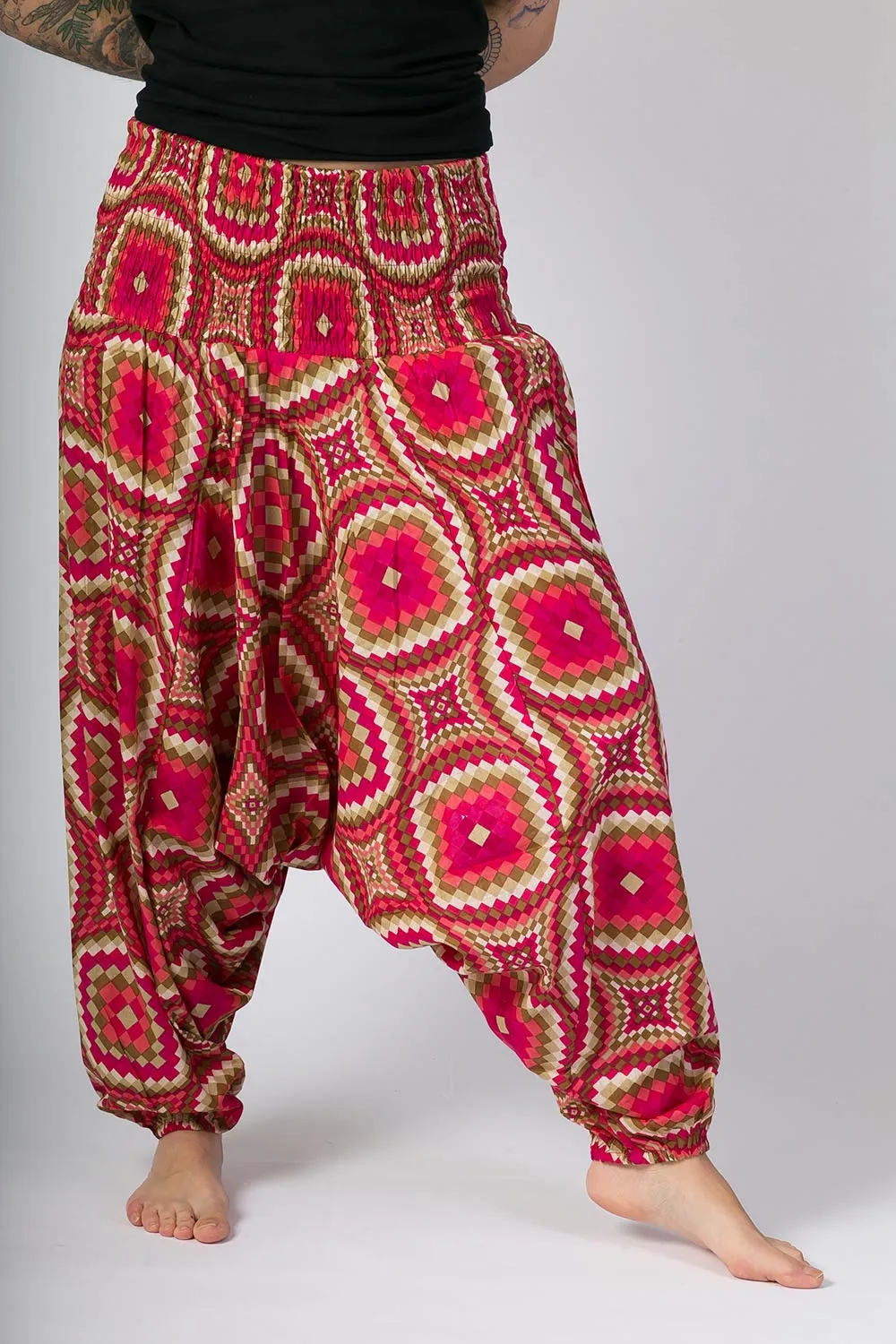 Pink Print Cotton Harem Yoga Jumpsuit Pants