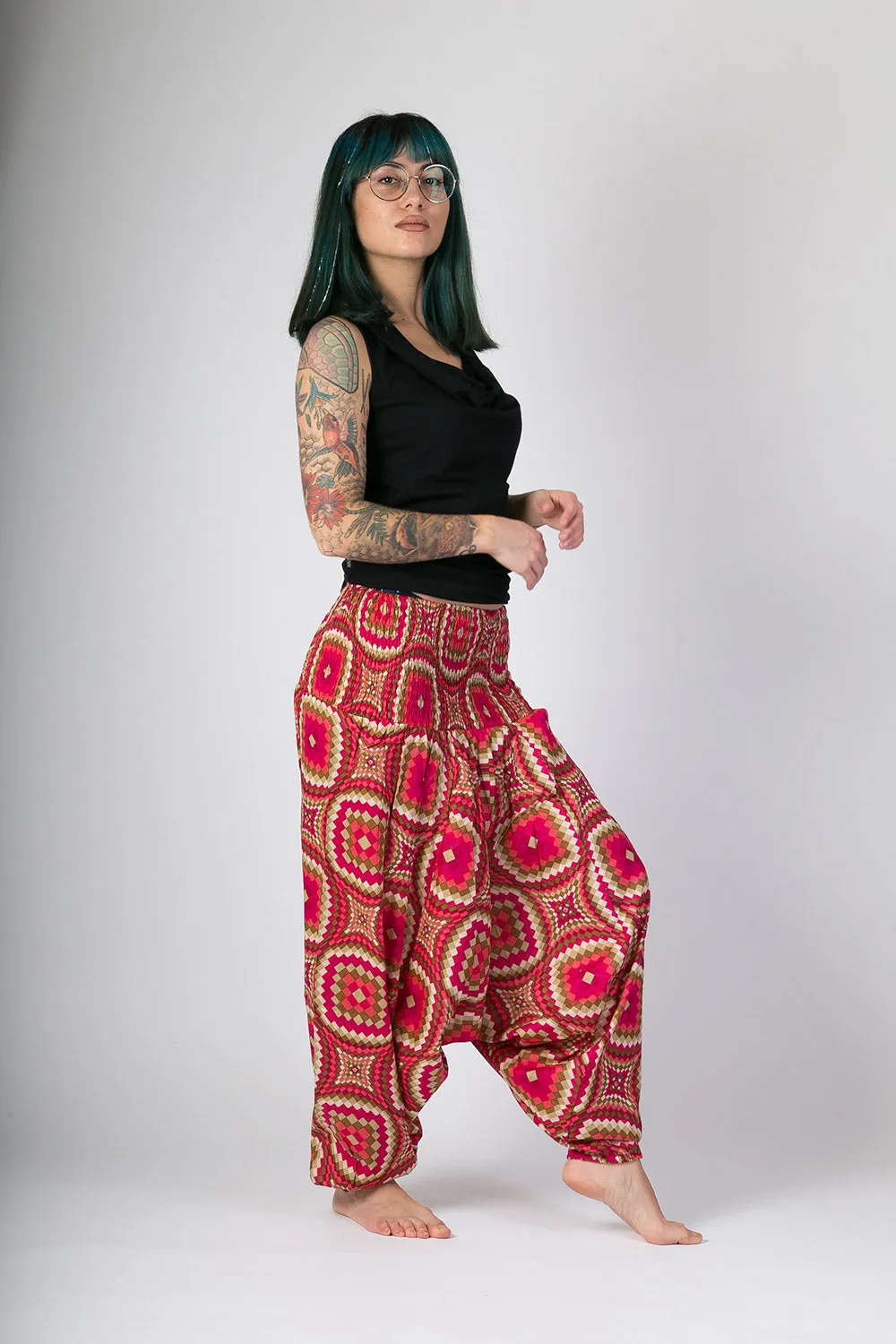 Pink Print Cotton Harem Yoga Jumpsuit Pants