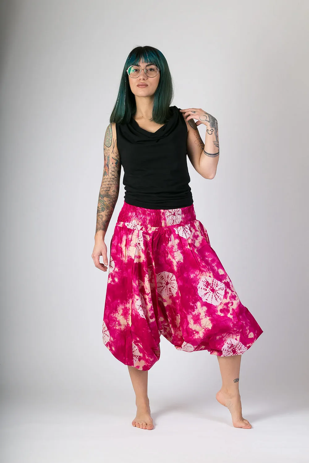 Pink Tie Dye Print Cotton Harem Yoga Jumpsuit Pants