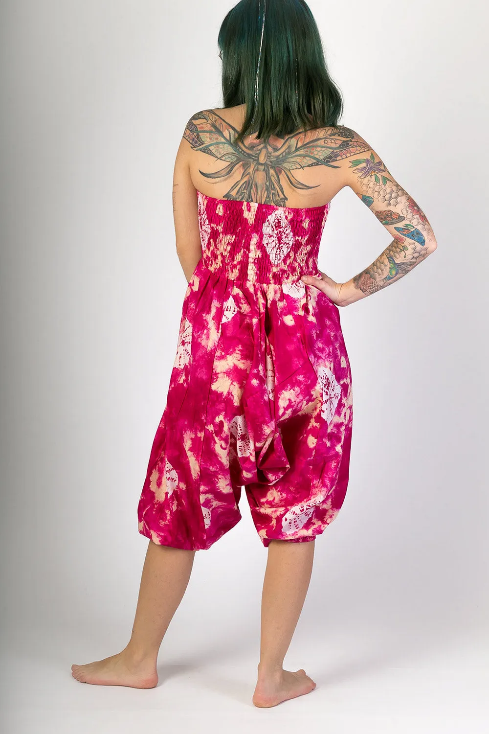 Pink Tie Dye Print Cotton Harem Yoga Jumpsuit Pants