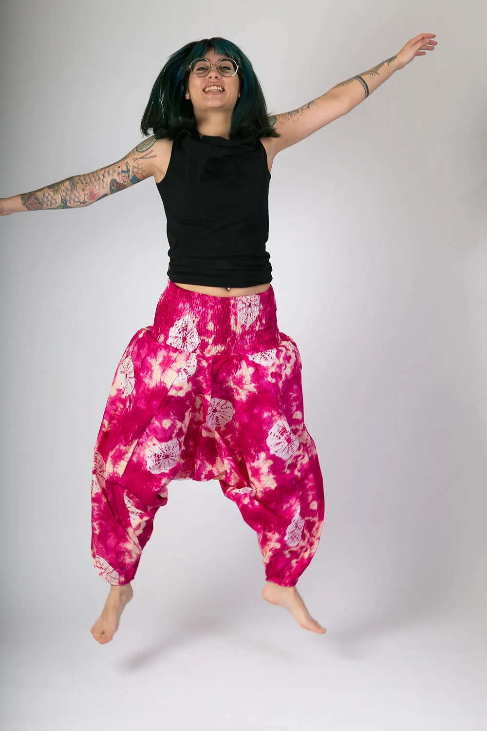 Pink Tie Dye Print Cotton Harem Yoga Jumpsuit Pants