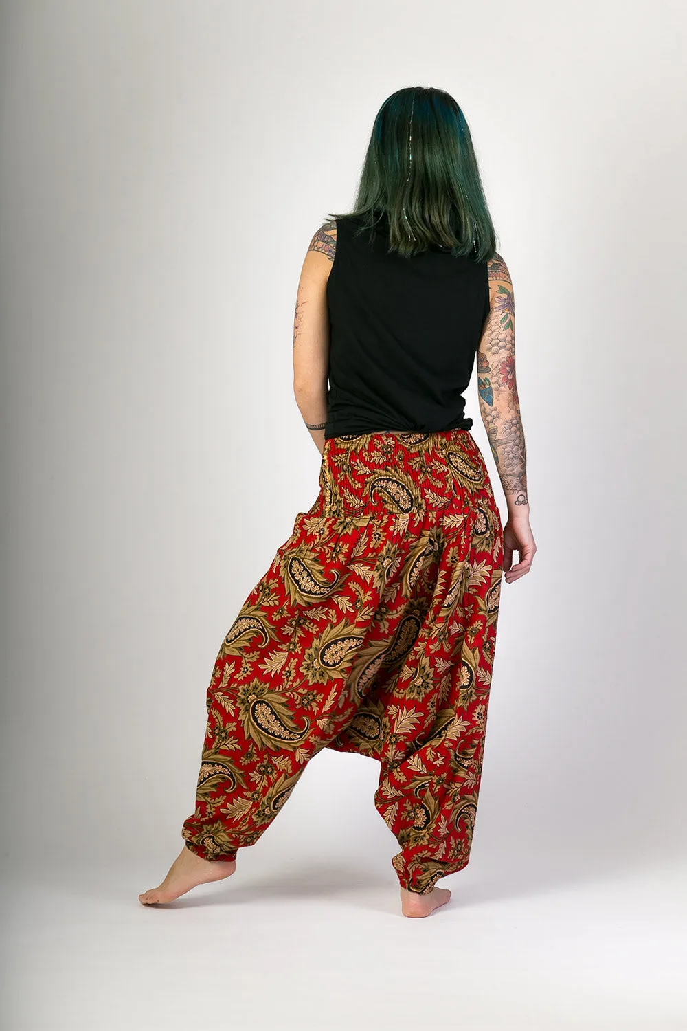 Red Floral Print Cotton Harem Yoga Jumpsuit Pants