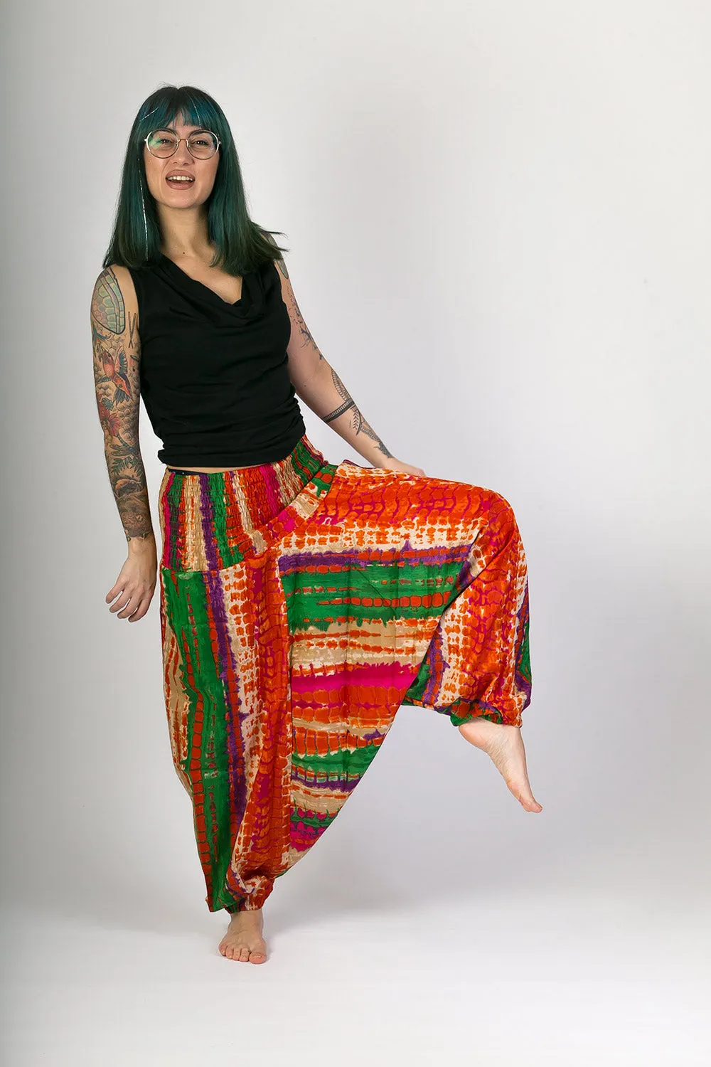 Red Green Print Cotton Harem Yoga Jumpsuit Pants