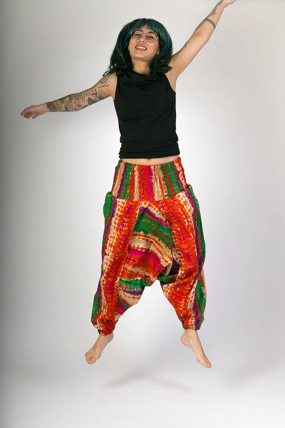 Red Green Print Cotton Harem Yoga Jumpsuit Pants