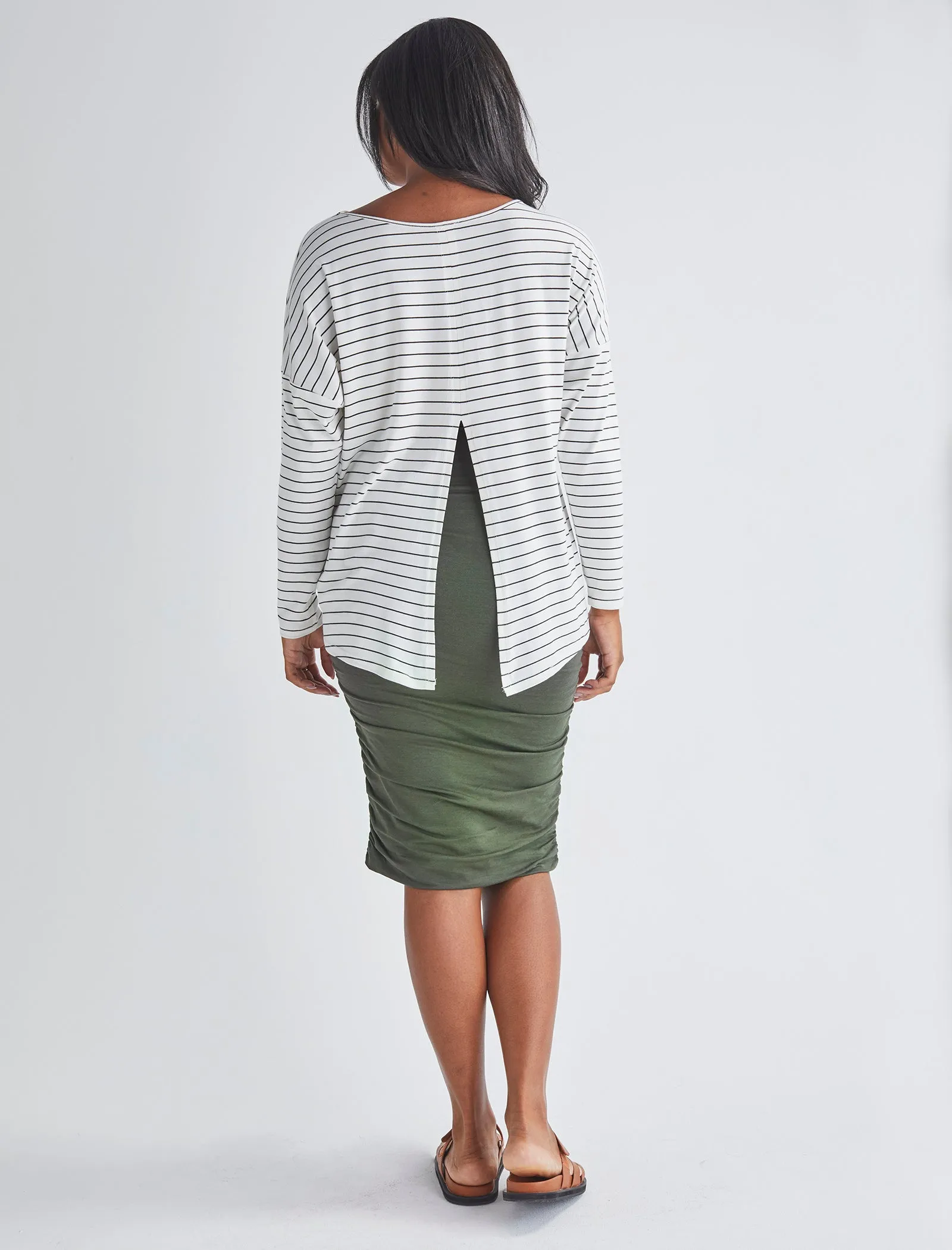 Reversible Maternity Long Sleeve-White/Olive Striped