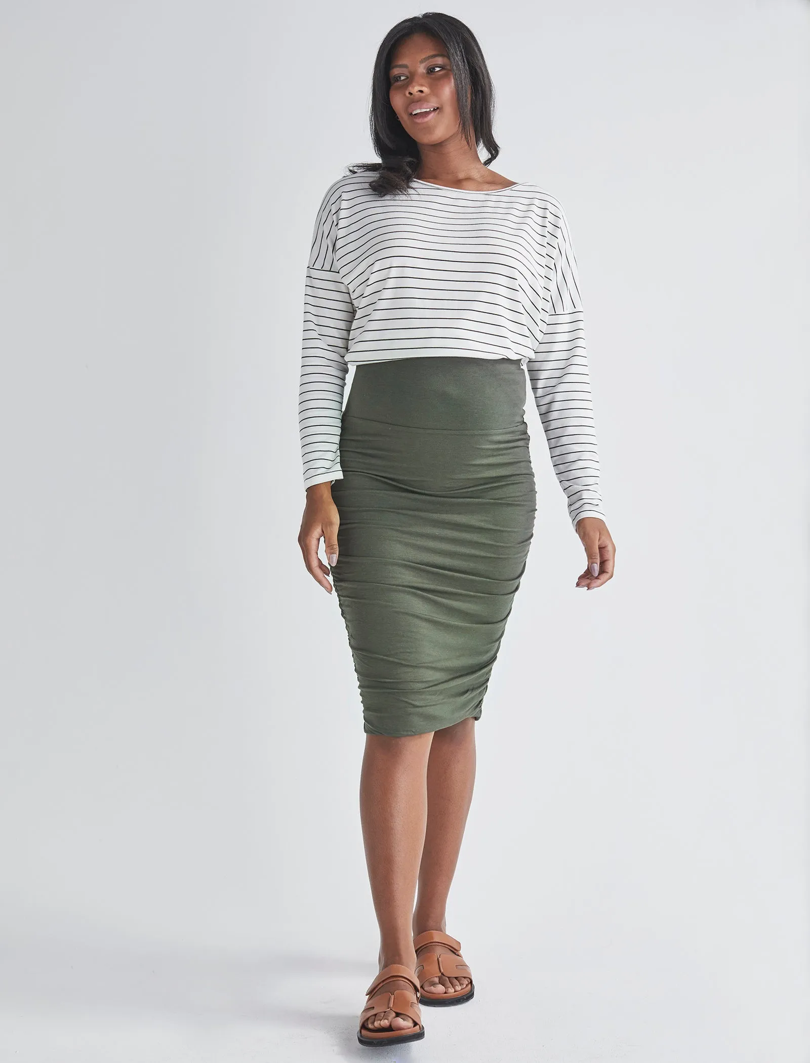 Reversible Maternity Long Sleeve-White/Olive Striped